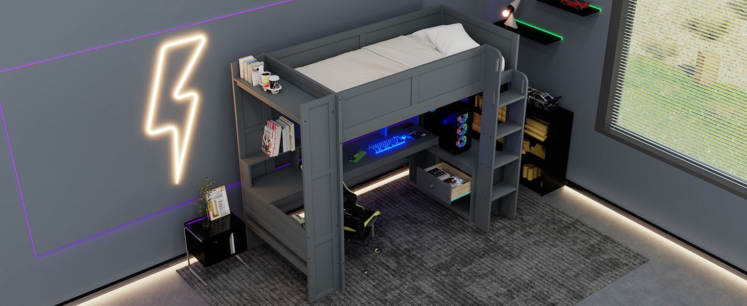 Twin Wood Loft Bed with Desk, Storage Shelves, LED Lighting, Dark Gray | Just Better Bunk Beds