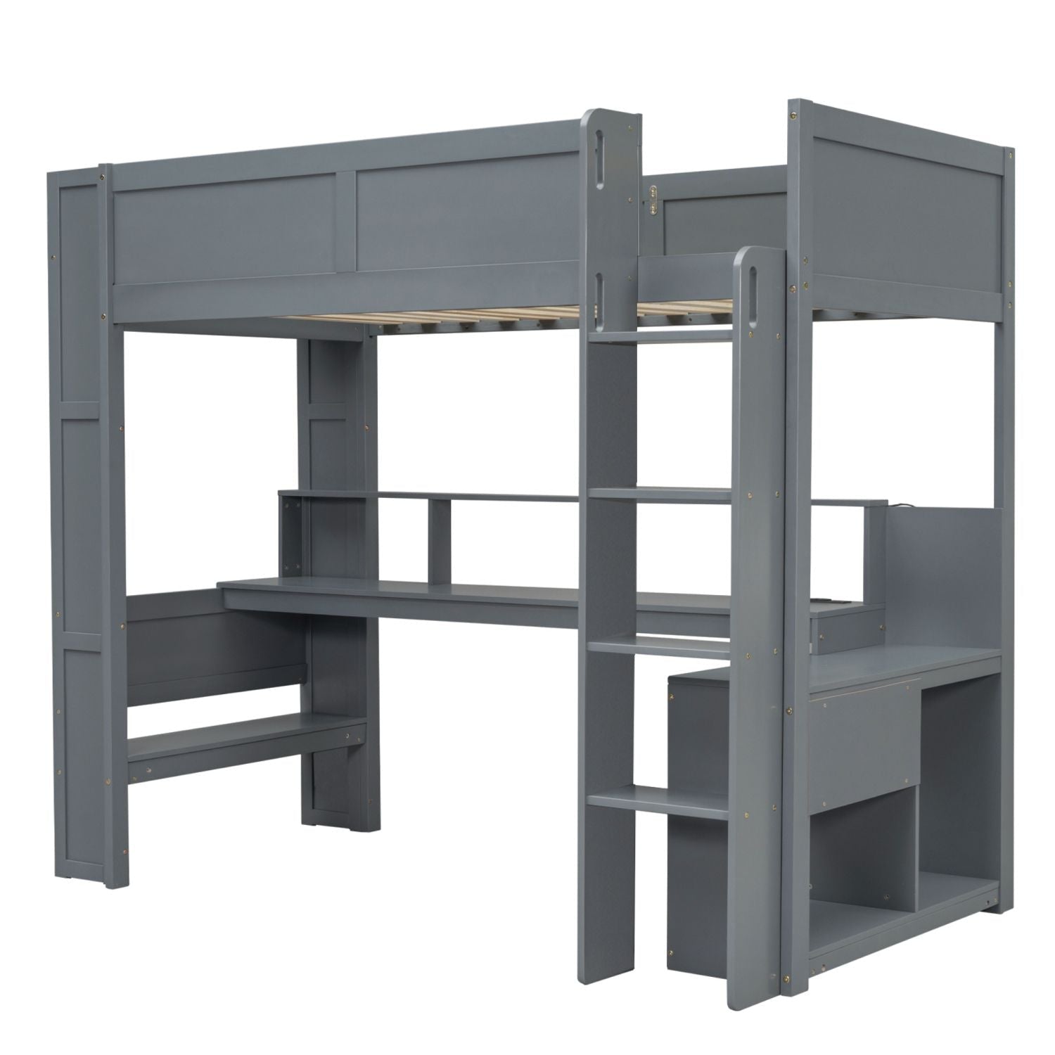 Twin Wood Loft Bed with Desk, Storage Shelves, LED Lighting, Dark Gray | Just Better Bunk Beds
