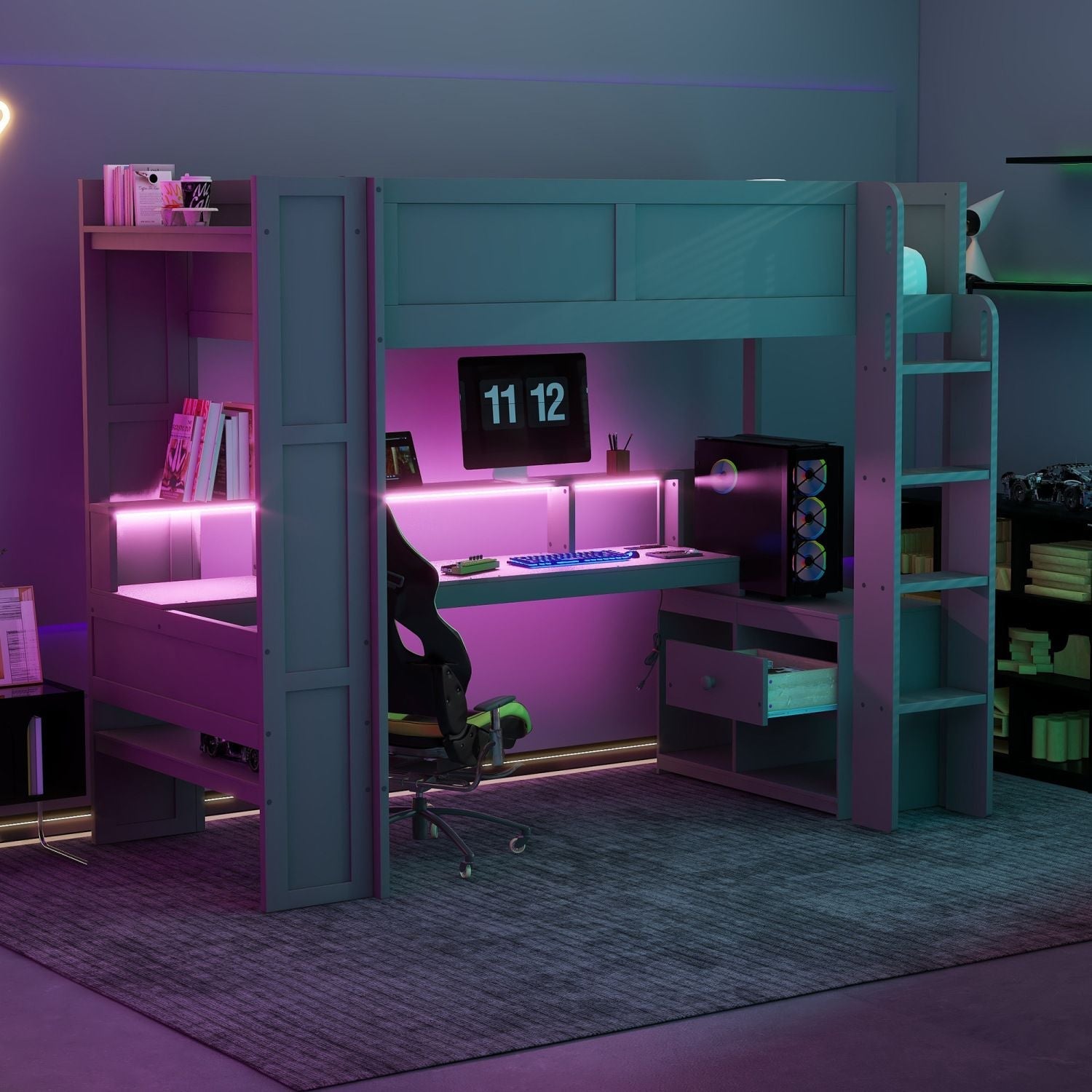 Twin Wood Loft Bed with Desk, Storage Shelves, LED Lighting, Dark Gray | Just Better Bunk Beds