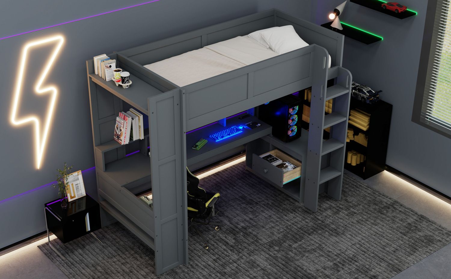 Twin Wood Loft Bed with Desk, Storage Shelves, LED Lighting, Dark Gray | Just Better Bunk Beds