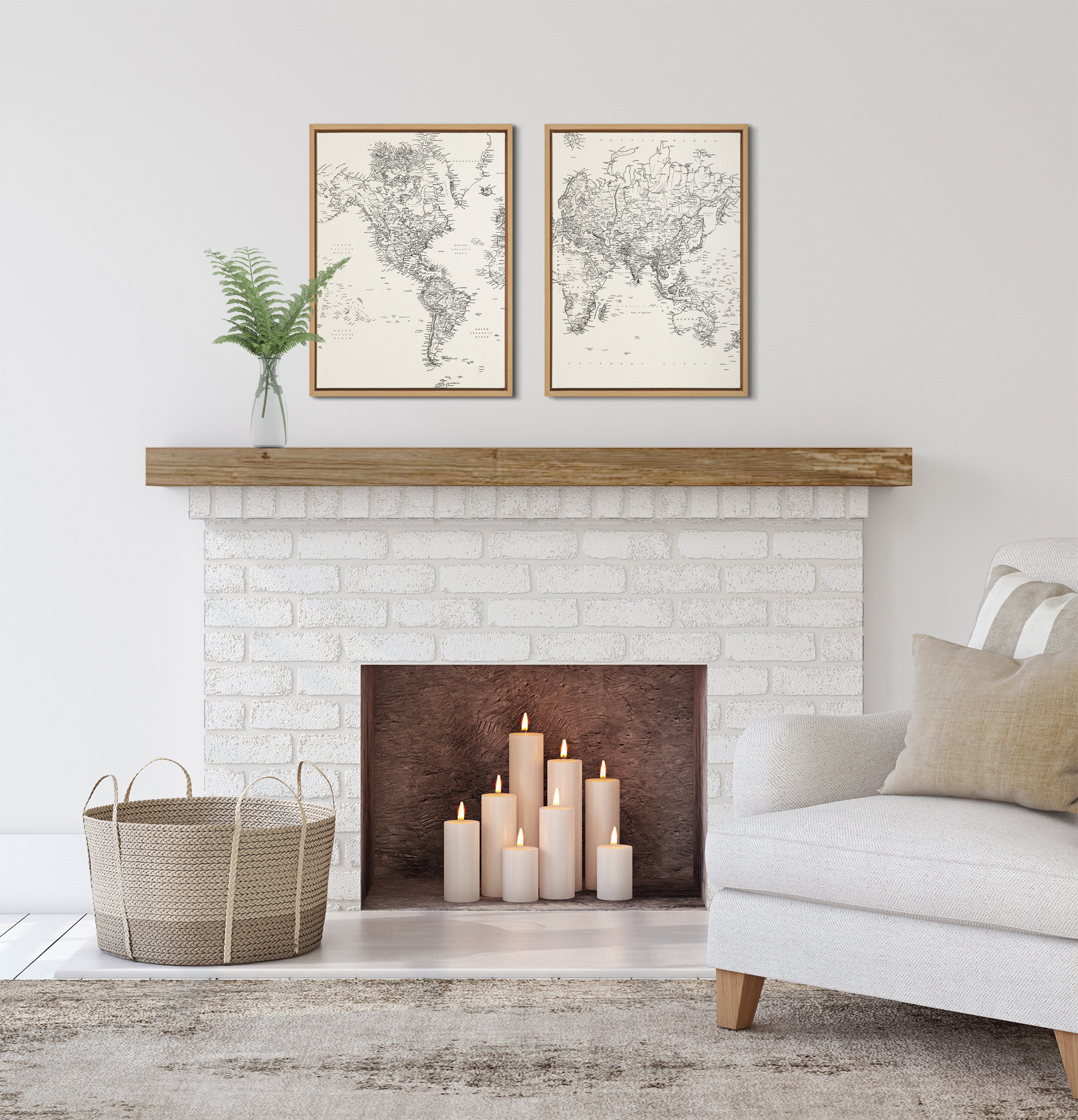 Sylvie Vintage Black and White World Map Framed Canvas Set by The Creative Bunch Studio