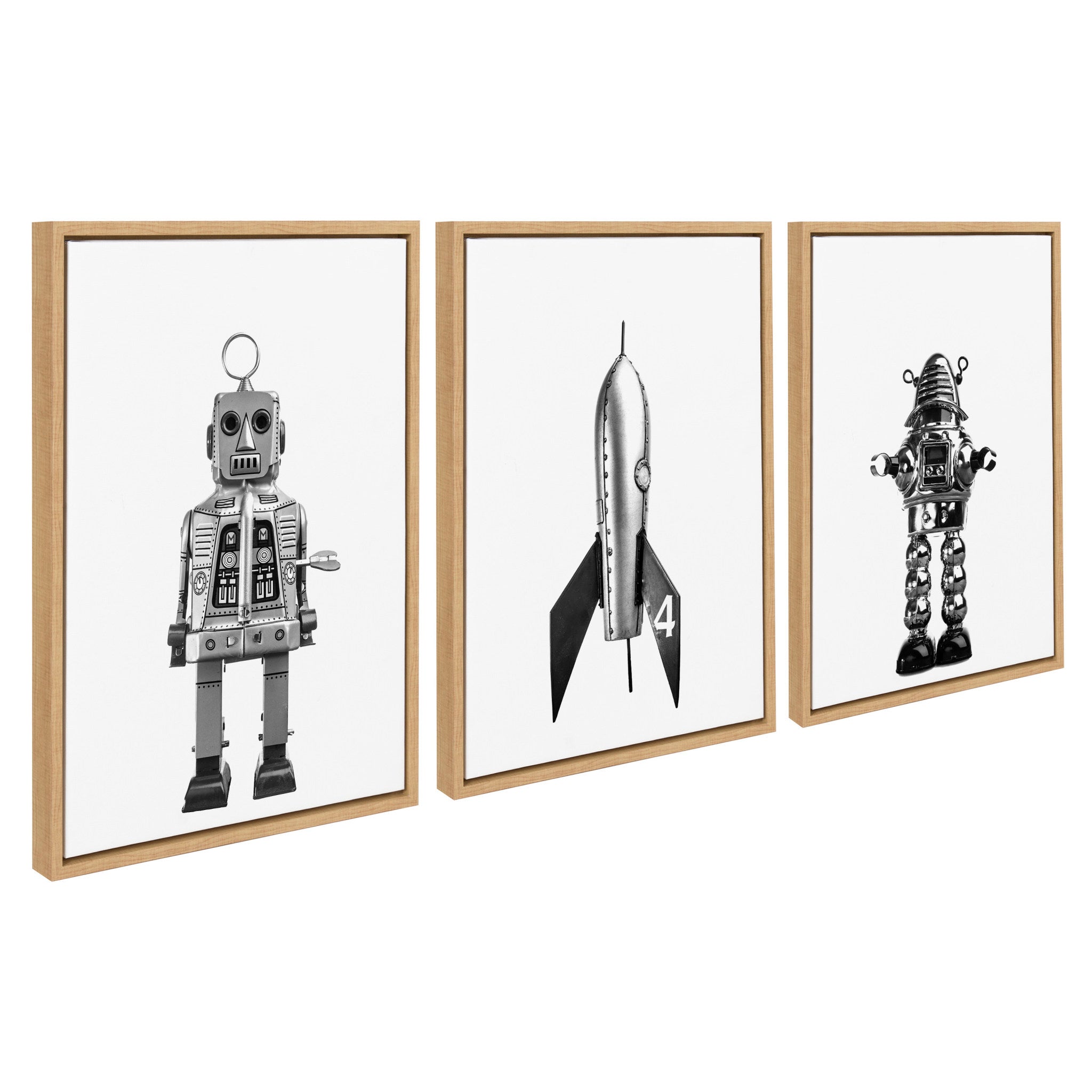 Sylvie Sparky Space Robot, No 4 Rocket and Robbey Robot Black and White Set Framed Canvas Art Set by Saint and Sailor Studios