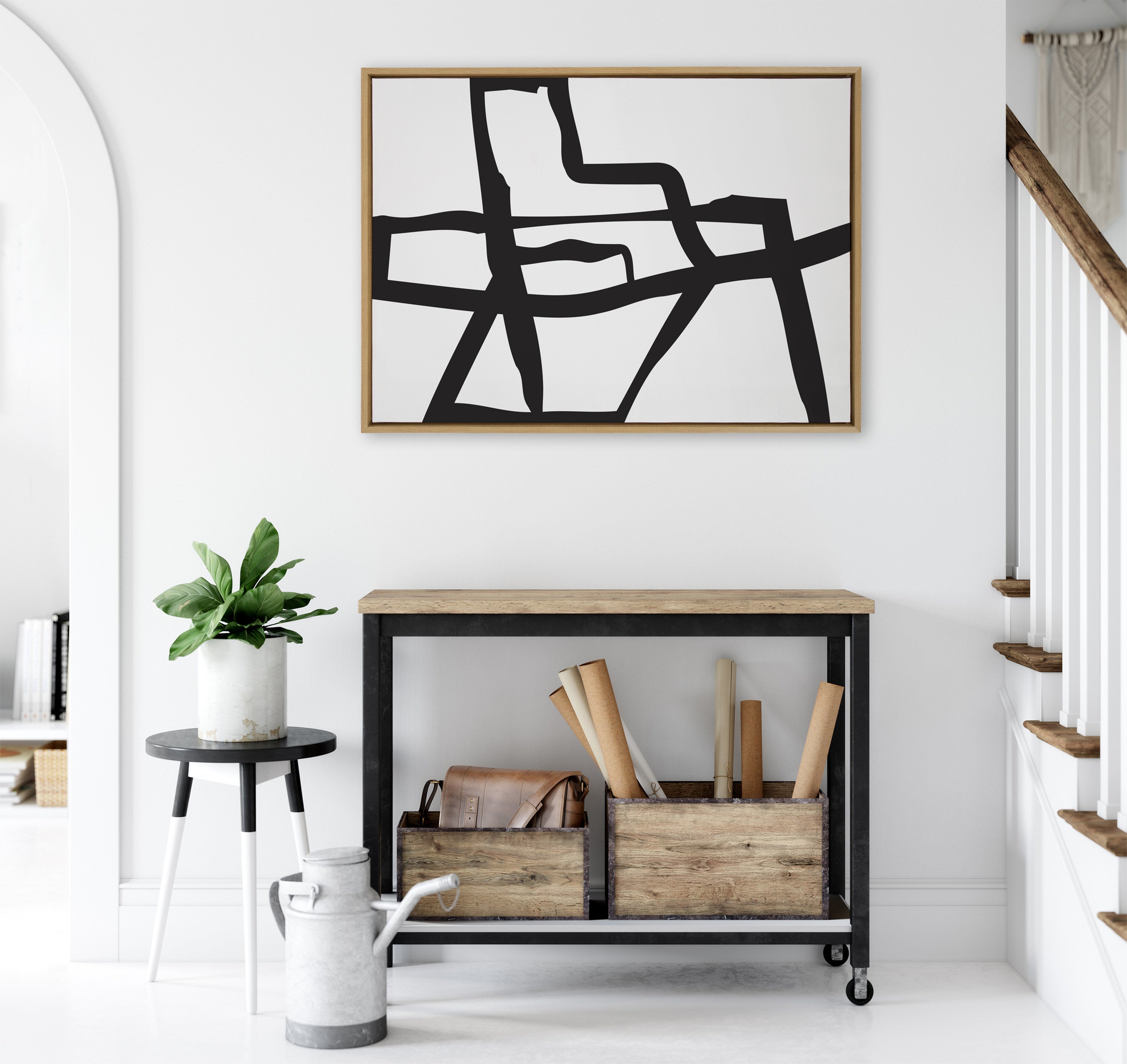 Sylvie Bold Sophisticated Abstract Black Stroke Framed Canvas by The Creative Bunch Studio