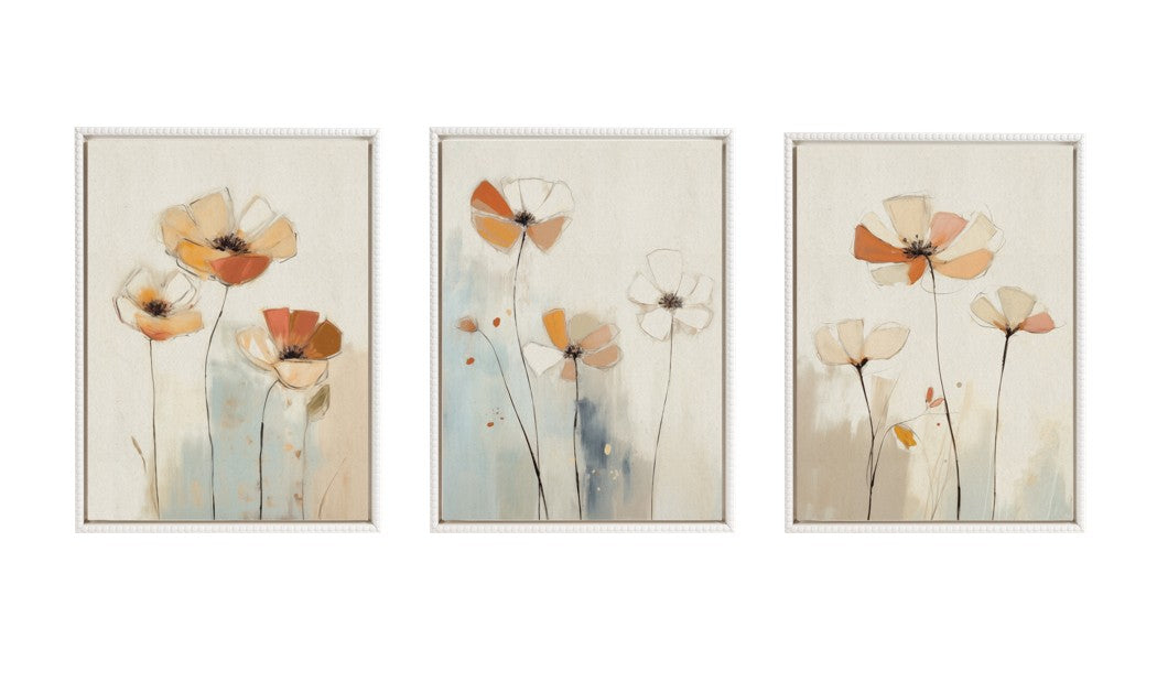 Sylvie Neutral Blue Elegant Country Wildflowers Framed Canvas Art Set by The Creative Bunch Studio