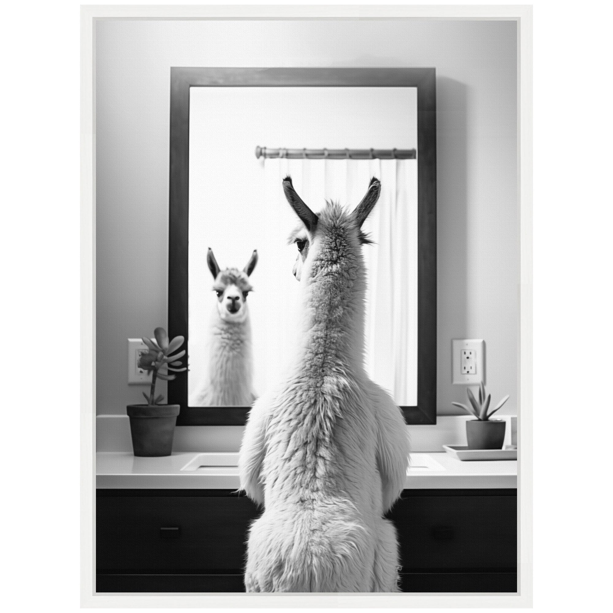 Sylvie Llama Bathroom Art Mirror Black and White Framed Canvas by The Creative Bunch Studio