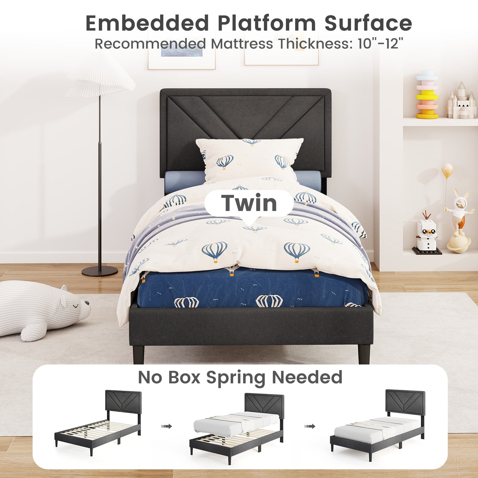 Upholstered Platform Bed with Tufted Headboard and Wooden Slats-Twin Size