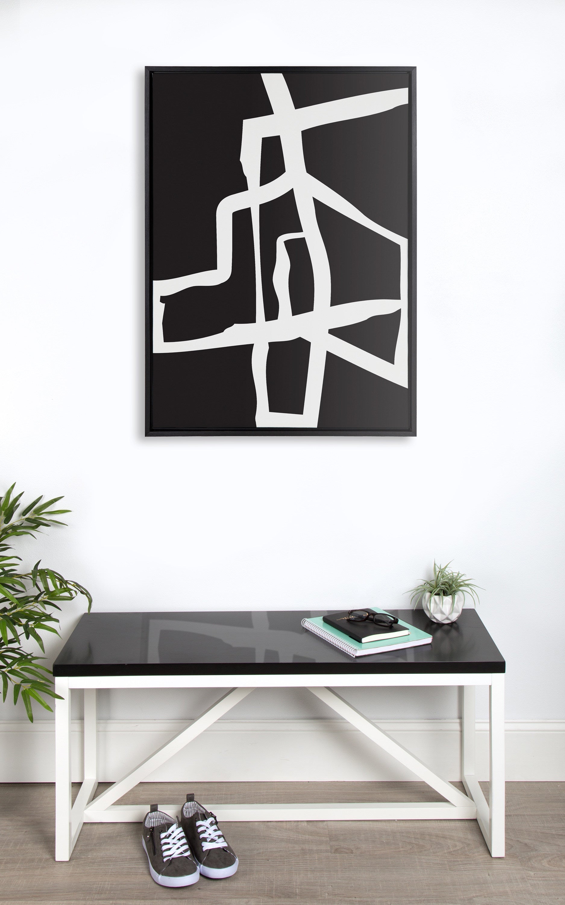 Sylvie Bold Sophisticated Abstract White Stroke Framed Canvas by The Creative Bunch Studio