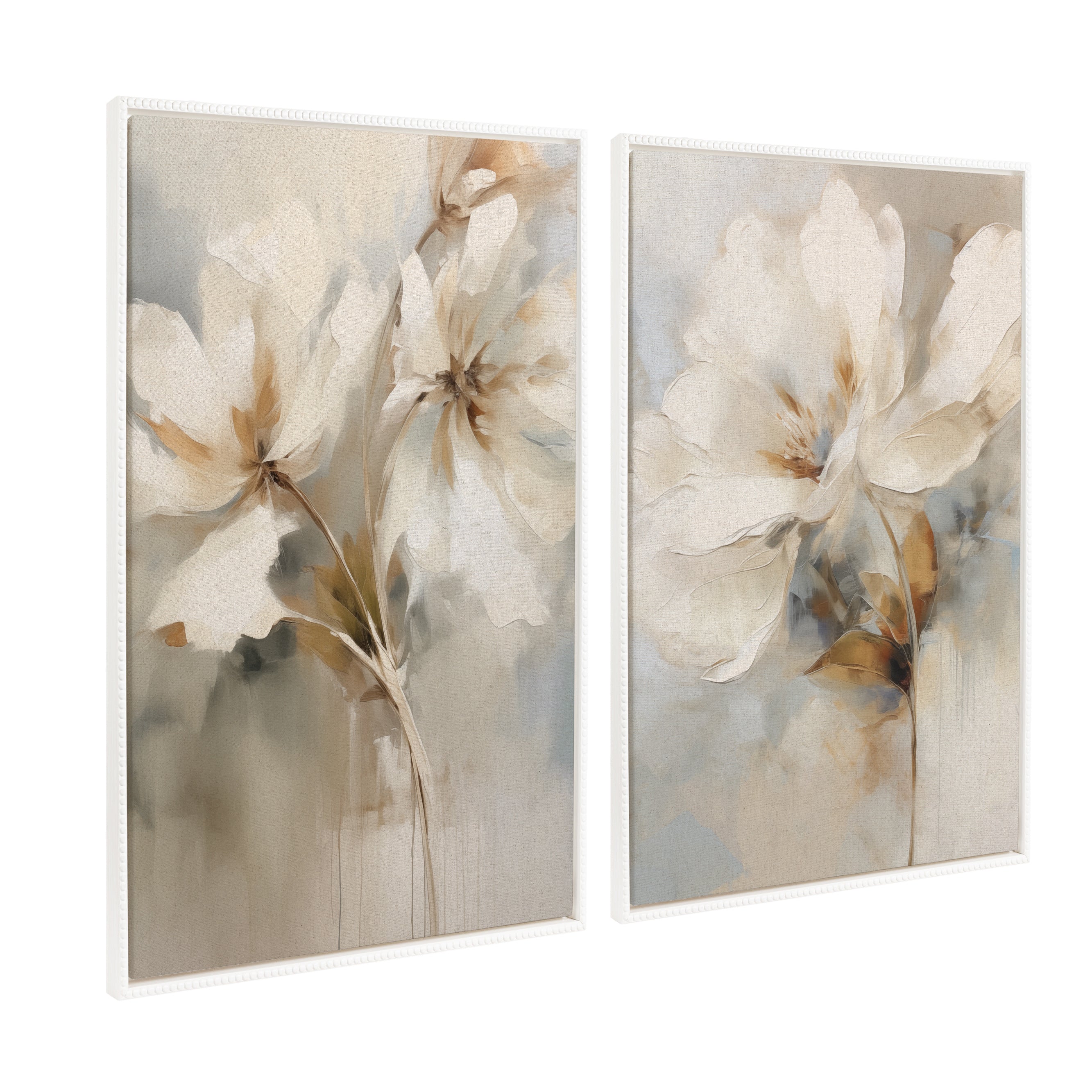 Sylvie Beaded Abstract Botanical Floral Linen Painting 1 and 2 Framed Canvas Art Set by The Creative Bunch Studio