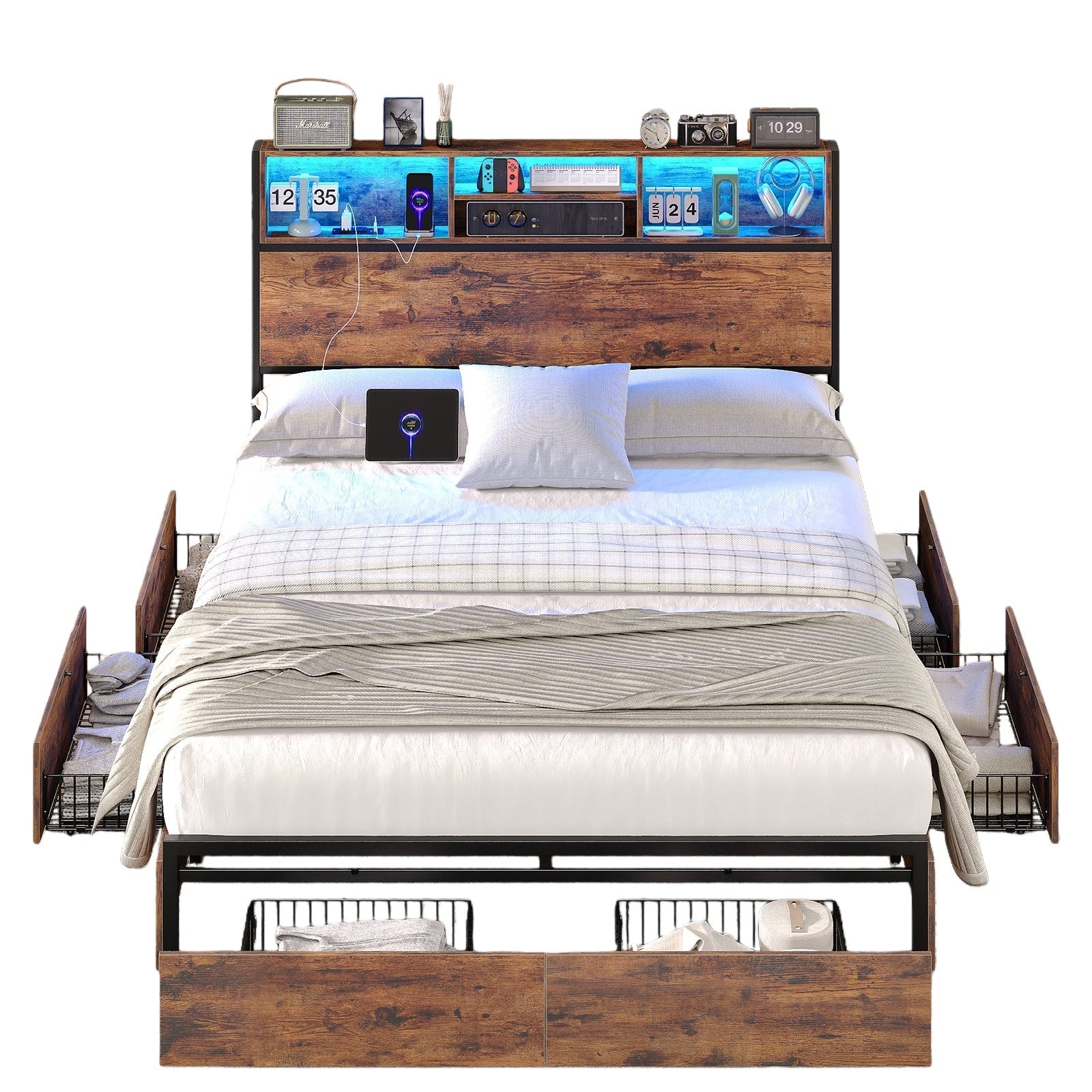 Vektaya US-BF012-BR Full/Queen/King Bed Frame with LED Headboard, Charging Ports, 6 Storage Drawers, Shelf, Easy Assembly, No Box Spring Needed