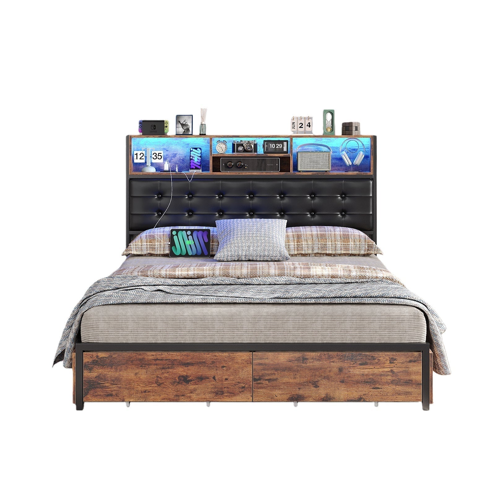 Vektaya US-BF013-BR Full/Queen/King Bed Frame with RGB LED Headboard, Charging, 6 Drawers, Upholstered, Heavy-Duty, Easy Assembly, No Box Spring