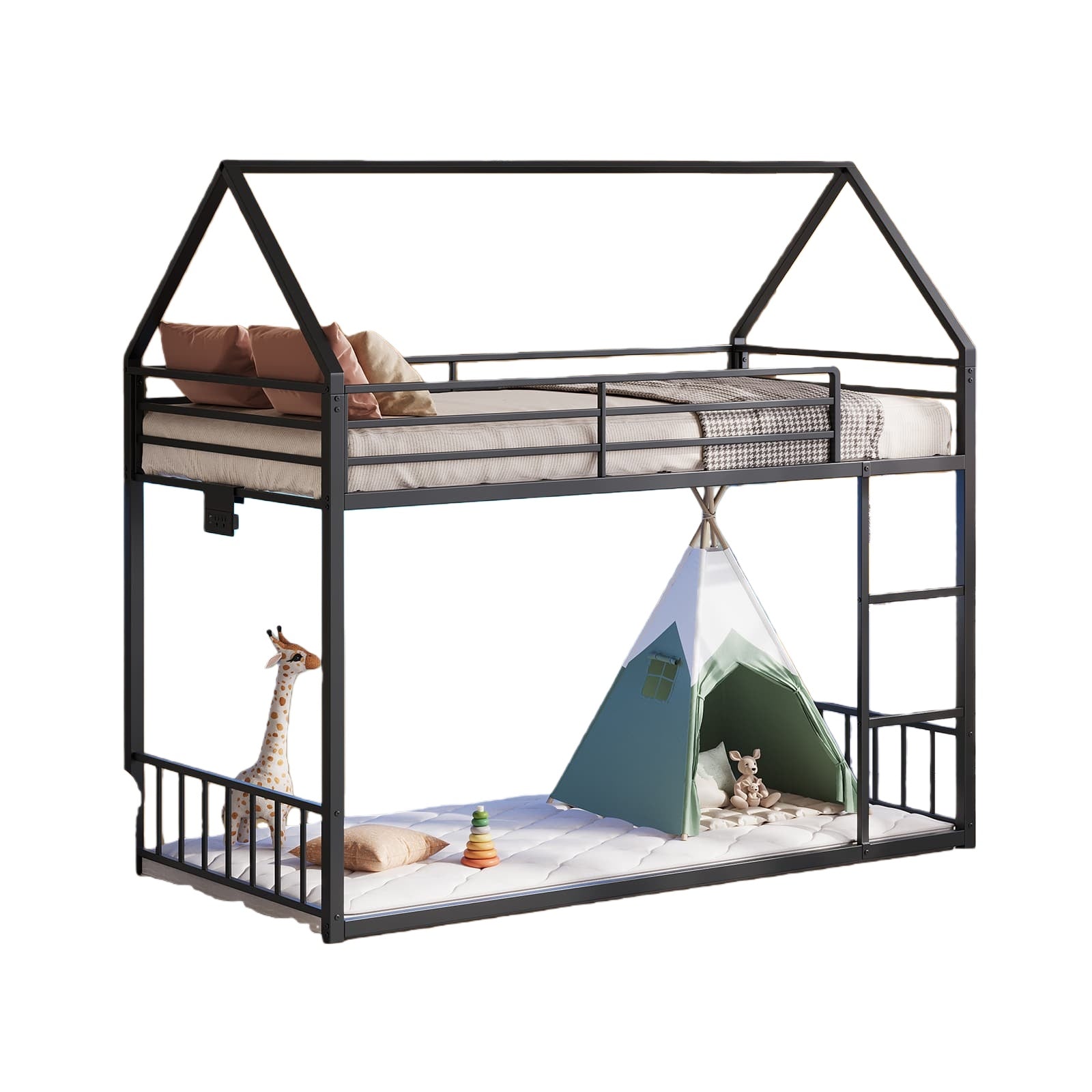 Vektaya US-BF019-BK-T Twin Bunk Bed Frame with Charging Station & RGB LED, Easy Assembly, Storage Space, House Metal Frame with Ladder