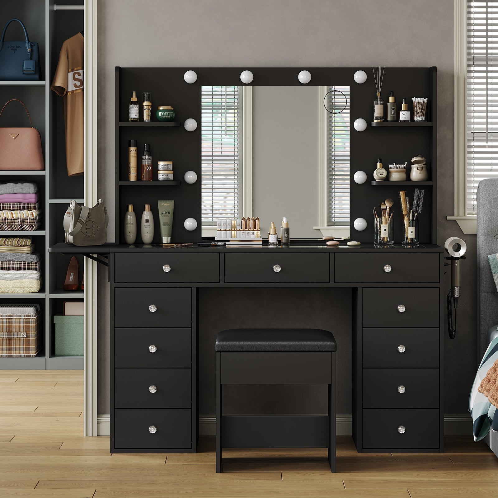 Vektaya US-VD010 Bedroom Makeup Vanity desk with LED MirrorLED Mirror, 11 Drawers