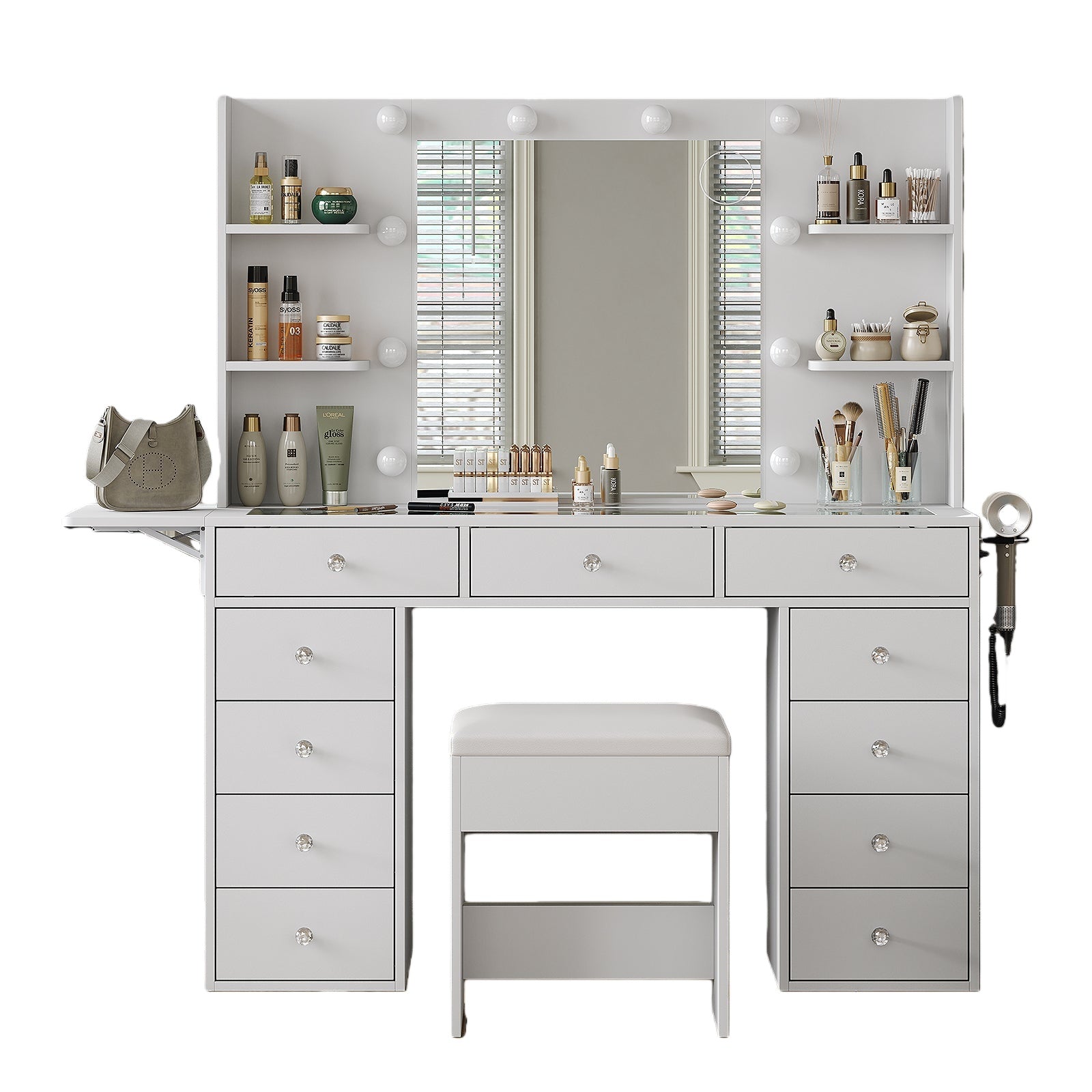 Vektaya US-VD010 Bedroom Makeup Vanity desk with LED MirrorLED Mirror, 11 Drawers