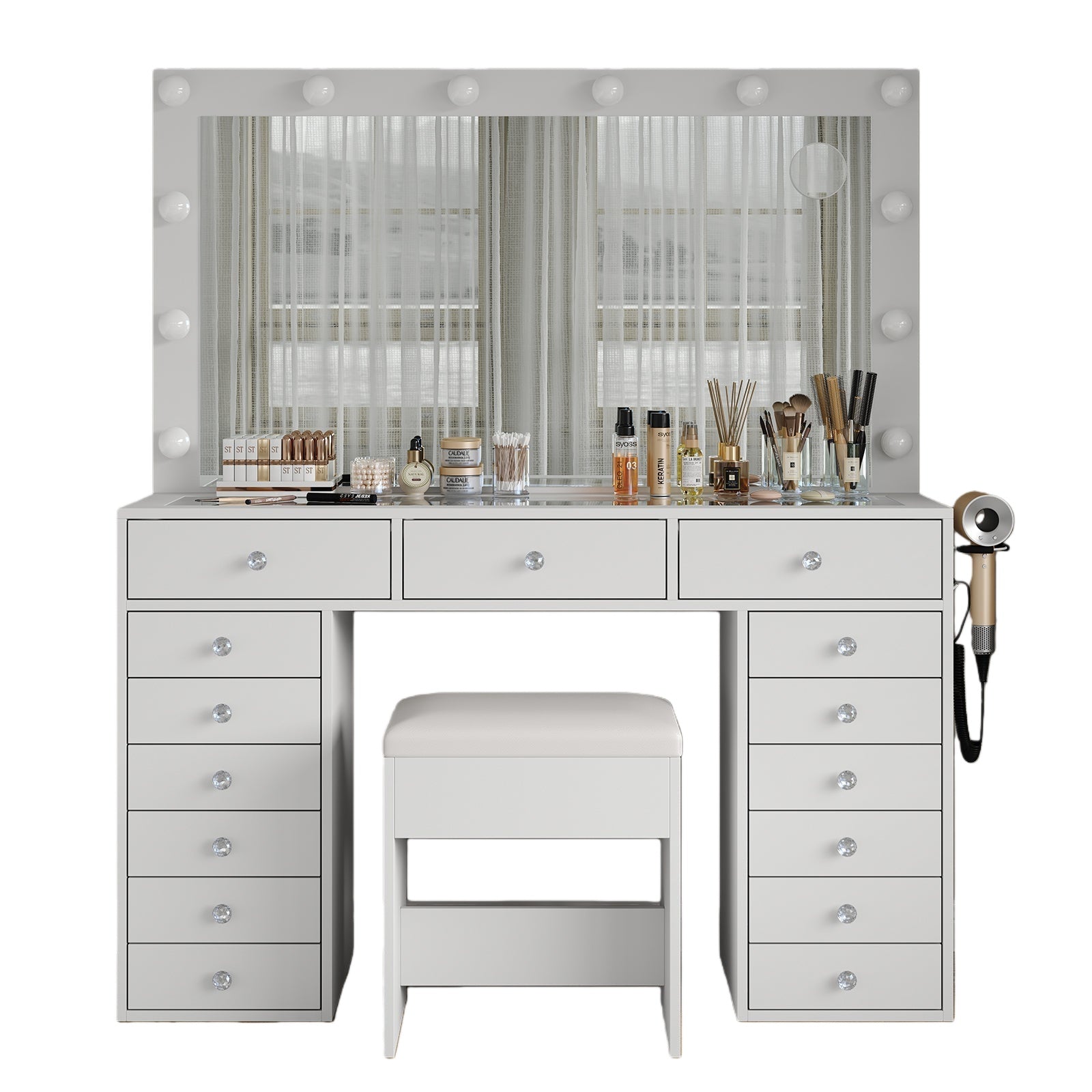 15-Drawer LED Mirror Vanity Desk - Yanosaku
