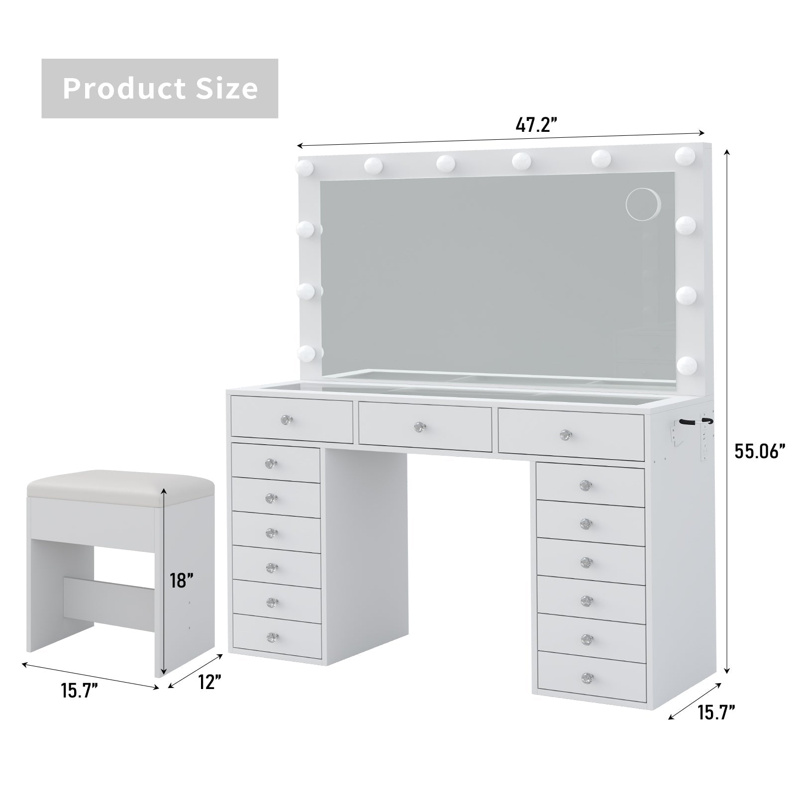 15-Drawer LED Mirror Vanity Desk - Yanosaku