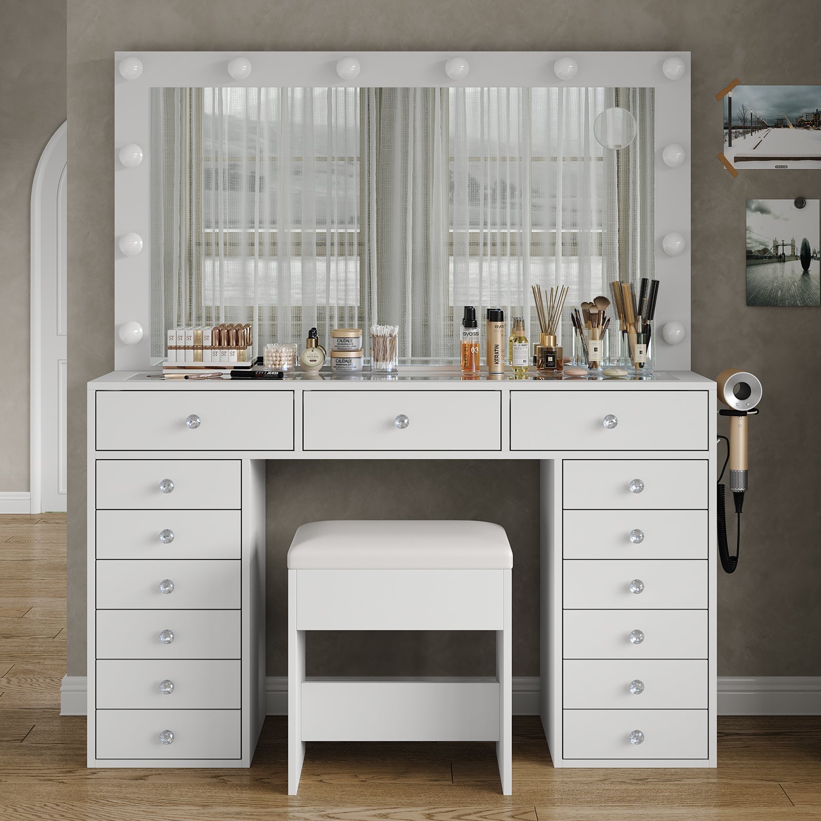 15-Drawer LED Mirror Vanity Desk - Yanosaku