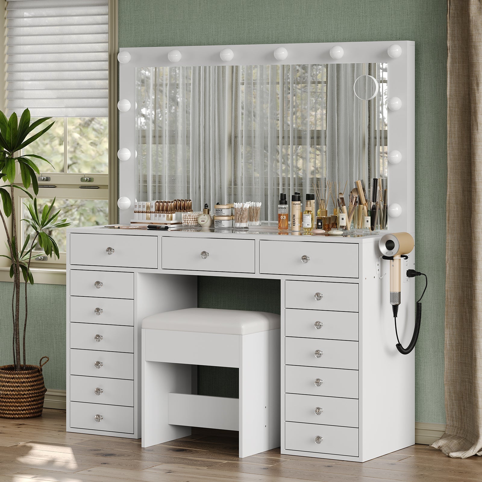 15-Drawer LED Mirror Vanity Desk - Yanosaku