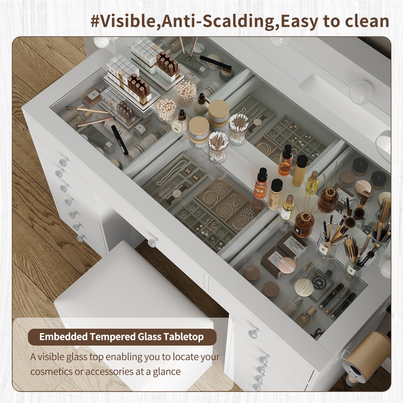 15-Drawer LED Mirror Vanity Desk - Yanosaku