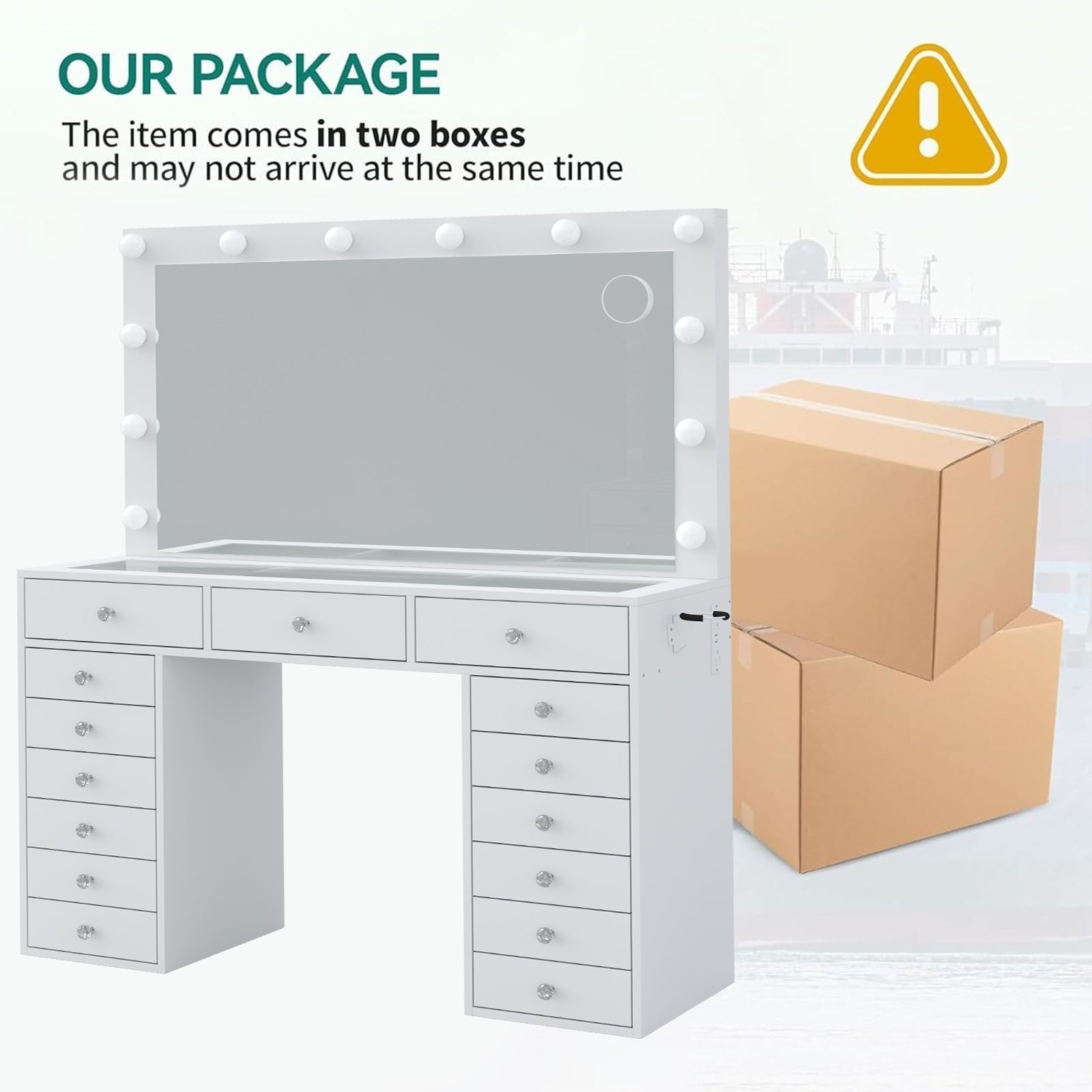 15-Drawer LED Mirror Vanity Desk - Yanosaku