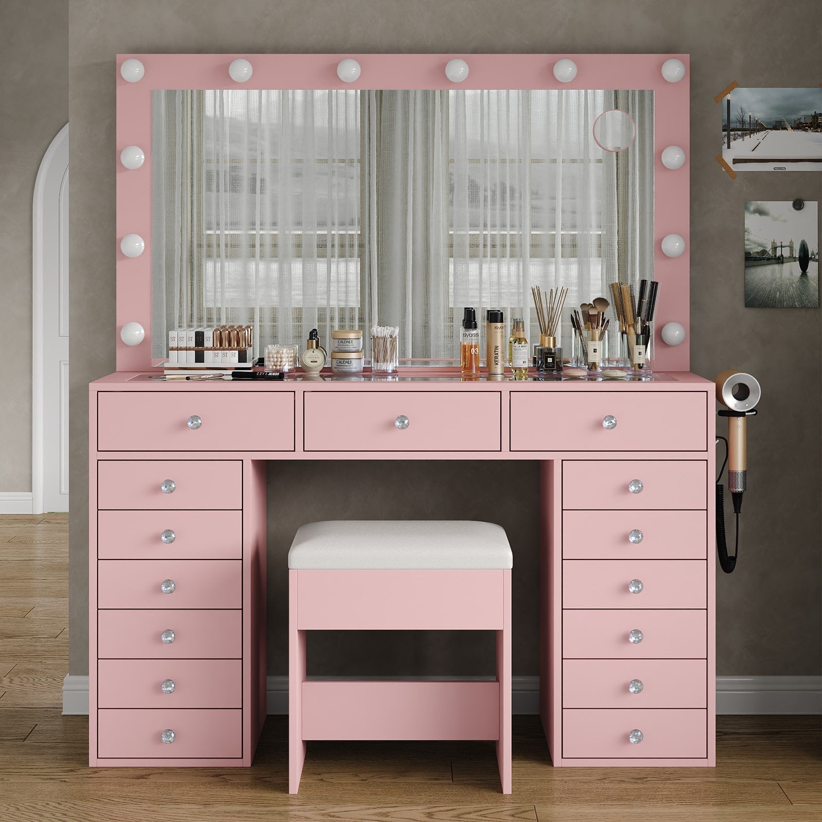 15-Drawer LED Mirror Vanity Desk - Yanosaku