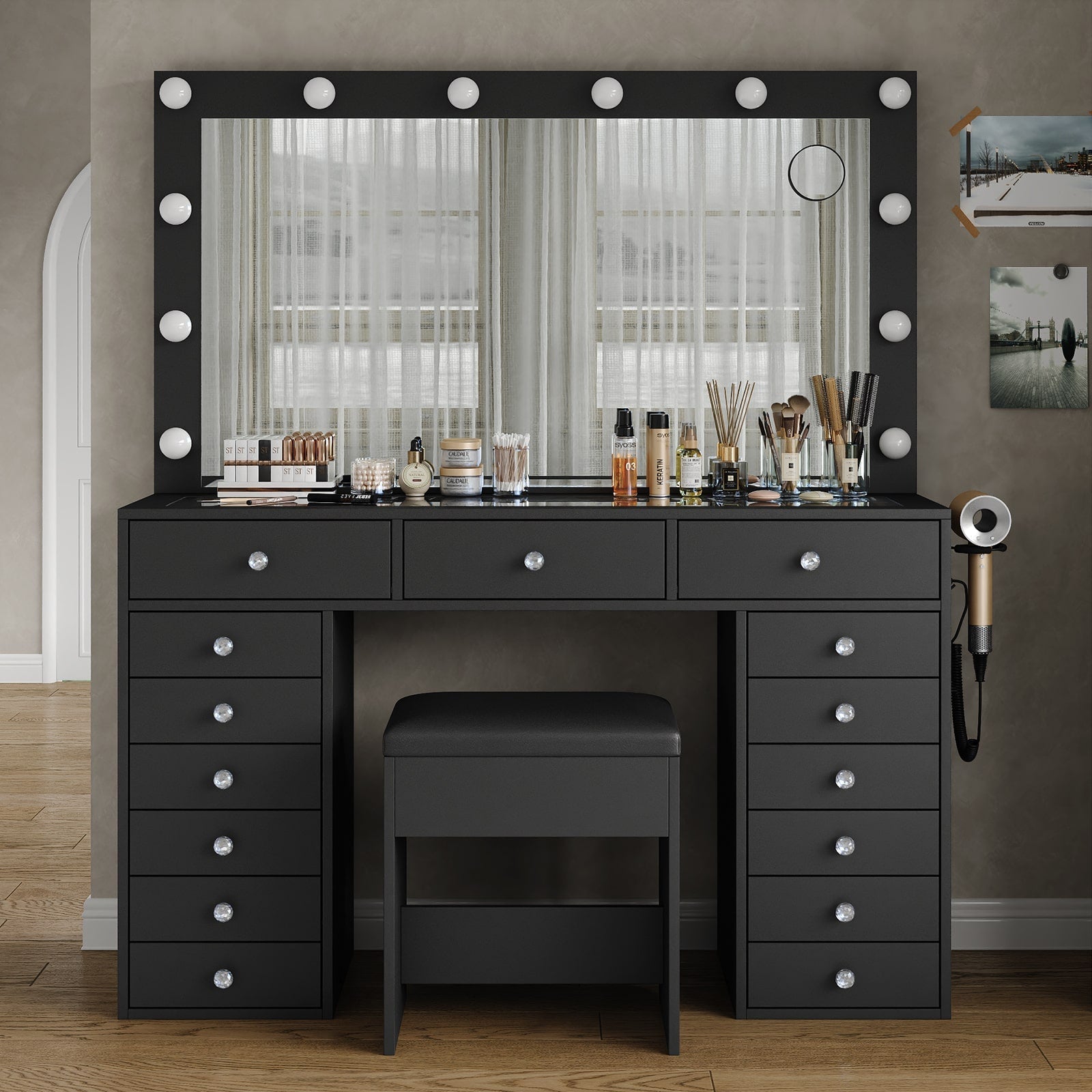 15-Drawer LED Mirror Vanity Desk - Yanosaku
