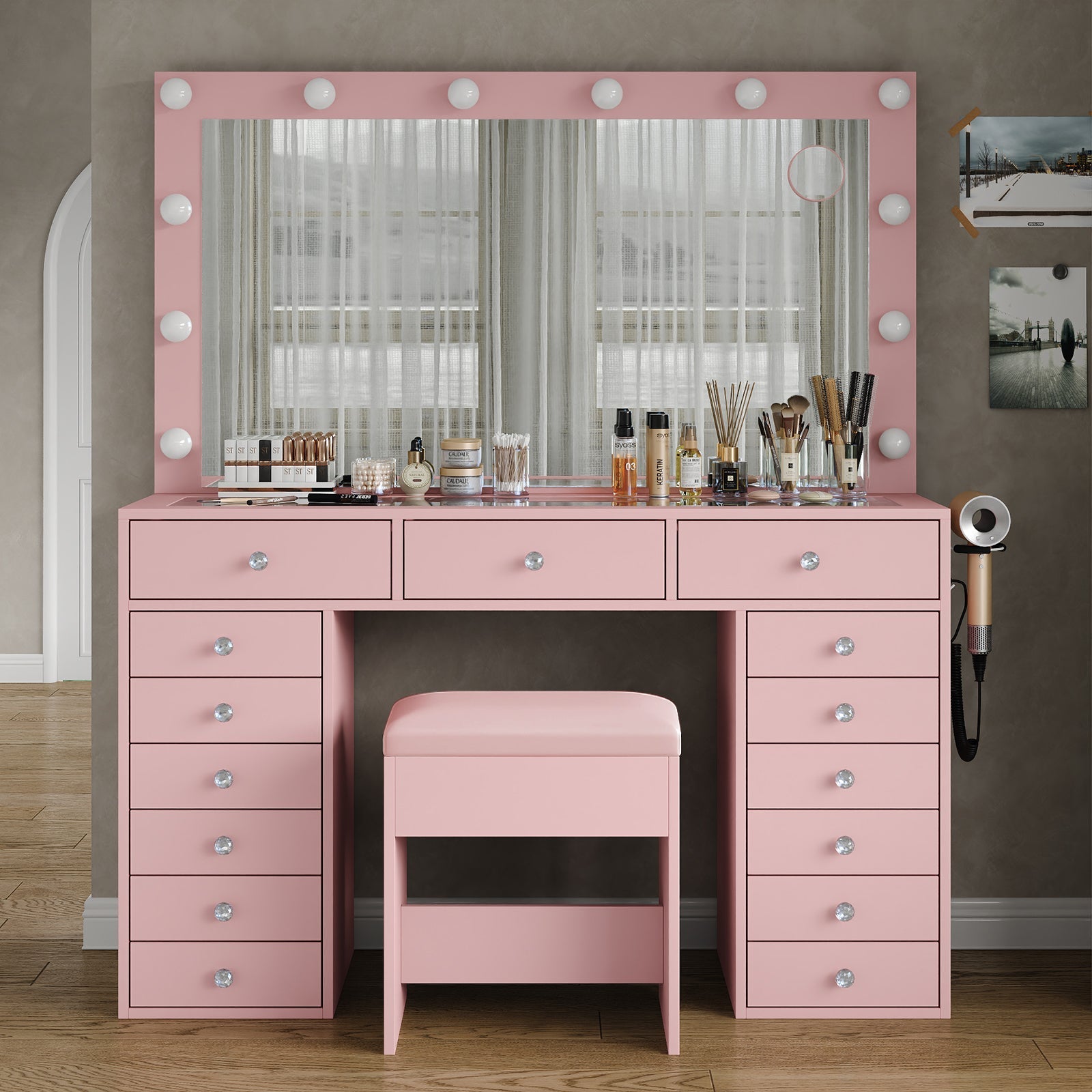 15-Drawer LED Mirror Vanity Desk - Yanosaku