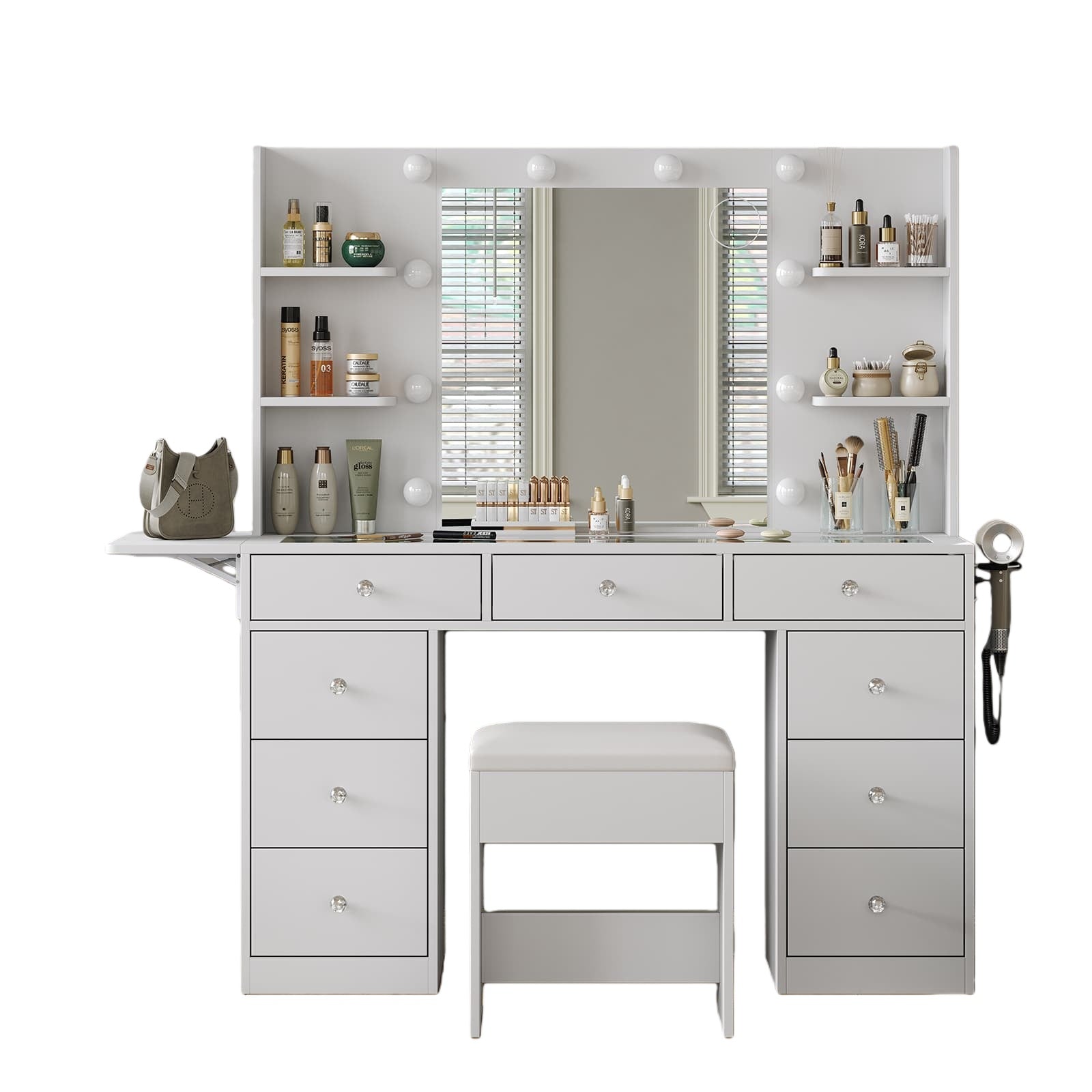 LED Mirror Vanity Desk with Charging Station - Yanosaku
