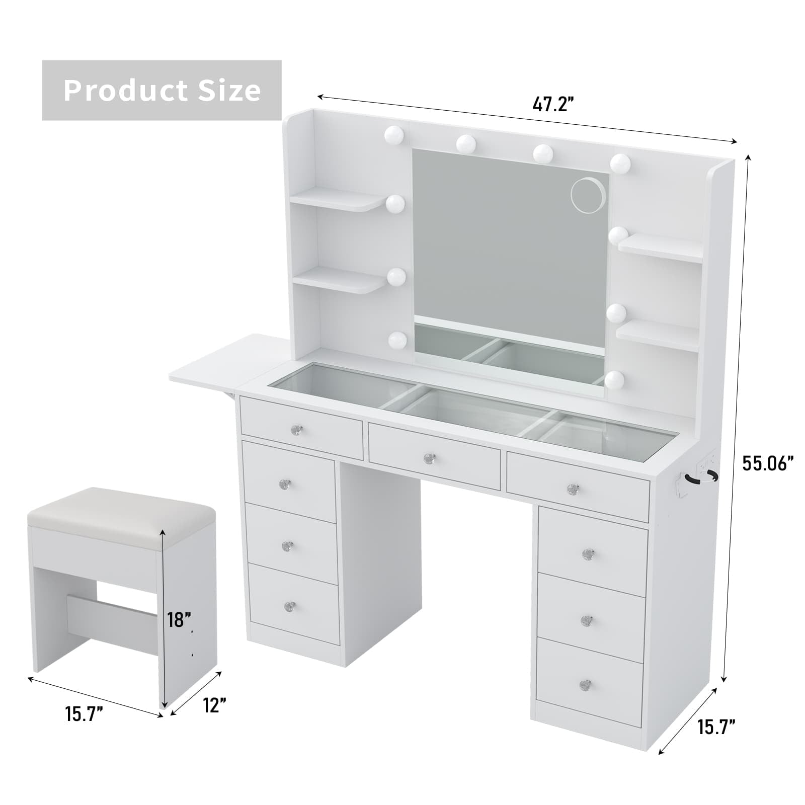 LED Mirror Vanity Desk with Charging Station - Yanosaku