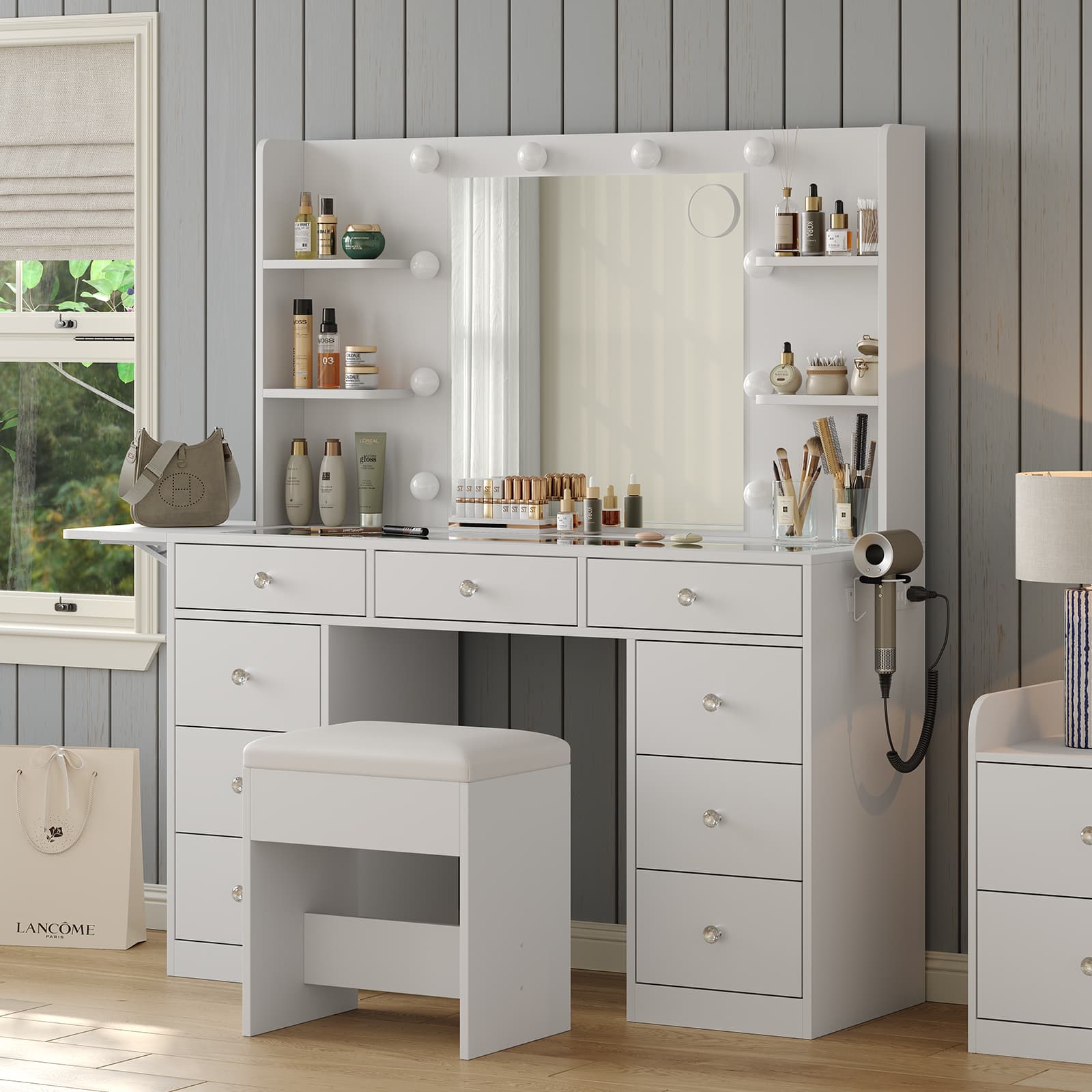 LED Mirror Vanity Desk with Charging Station - Yanosaku