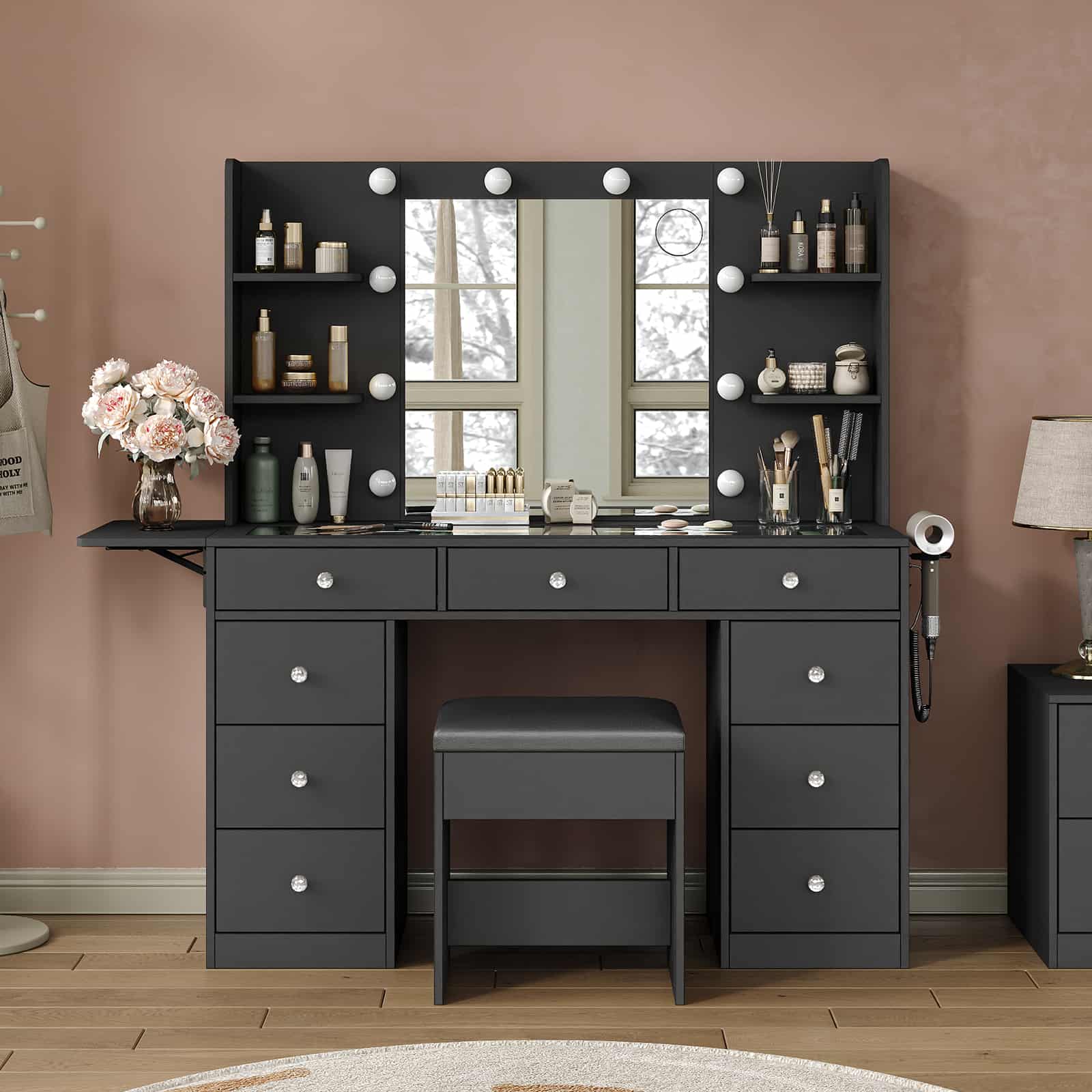 LED Mirror Vanity Desk with Charging Station - Yanosaku