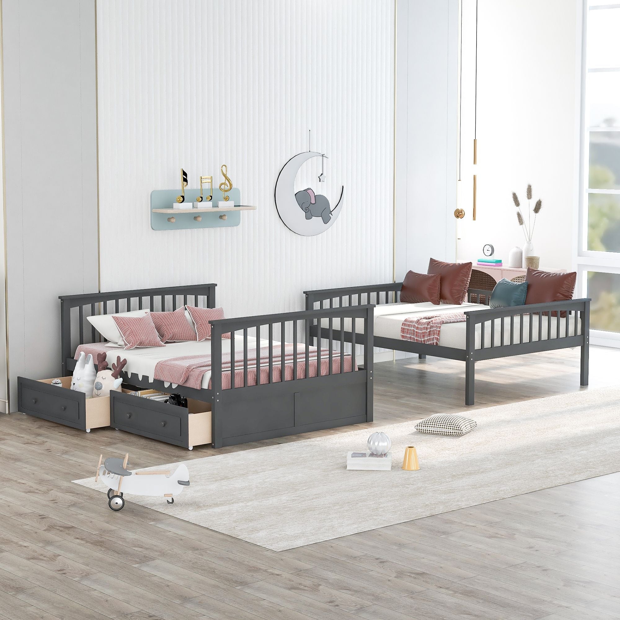 Versatile Full Over Full Wood Bunk Bed with Storage Drawers, Convertible Design, Gray | Just Better Bunk Beds