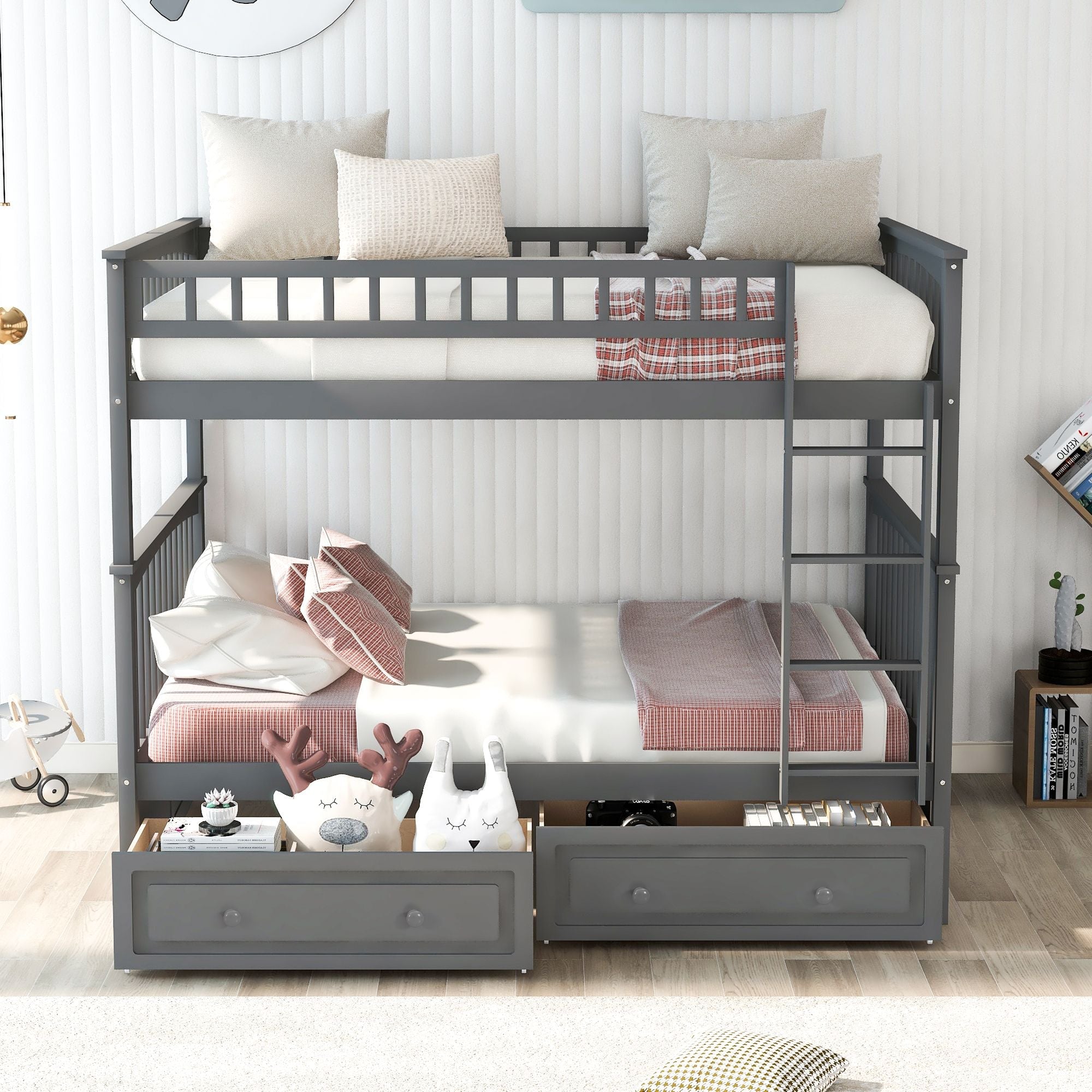 Versatile Full Over Full Wood Bunk Bed with Storage Drawers, Convertible Design, Gray | Just Better Bunk Beds