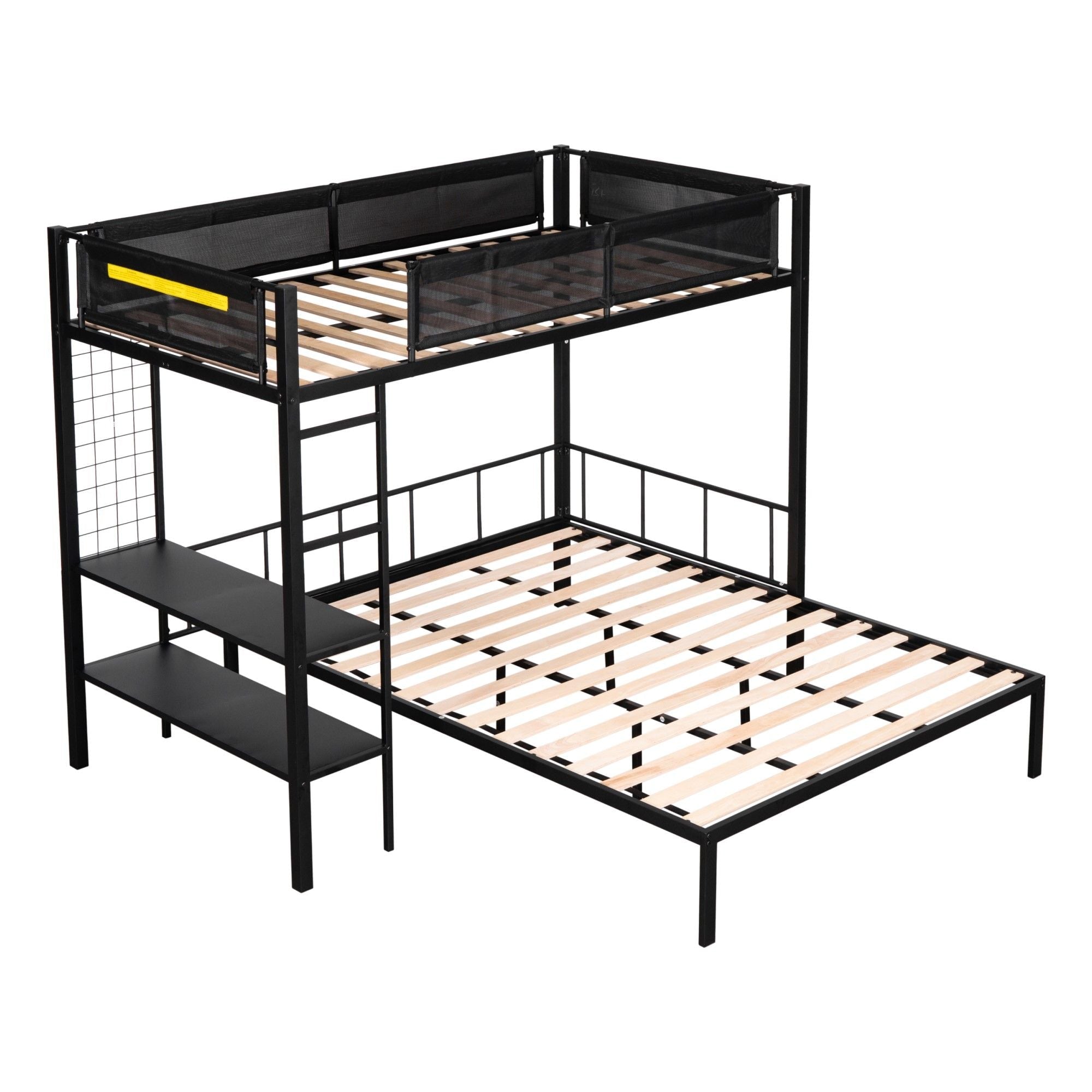 Versatile Twin over Full Metal and Wood Bunk Bed with Shelves, Noise-Free Slats, Black | Just Better Bunk Beds