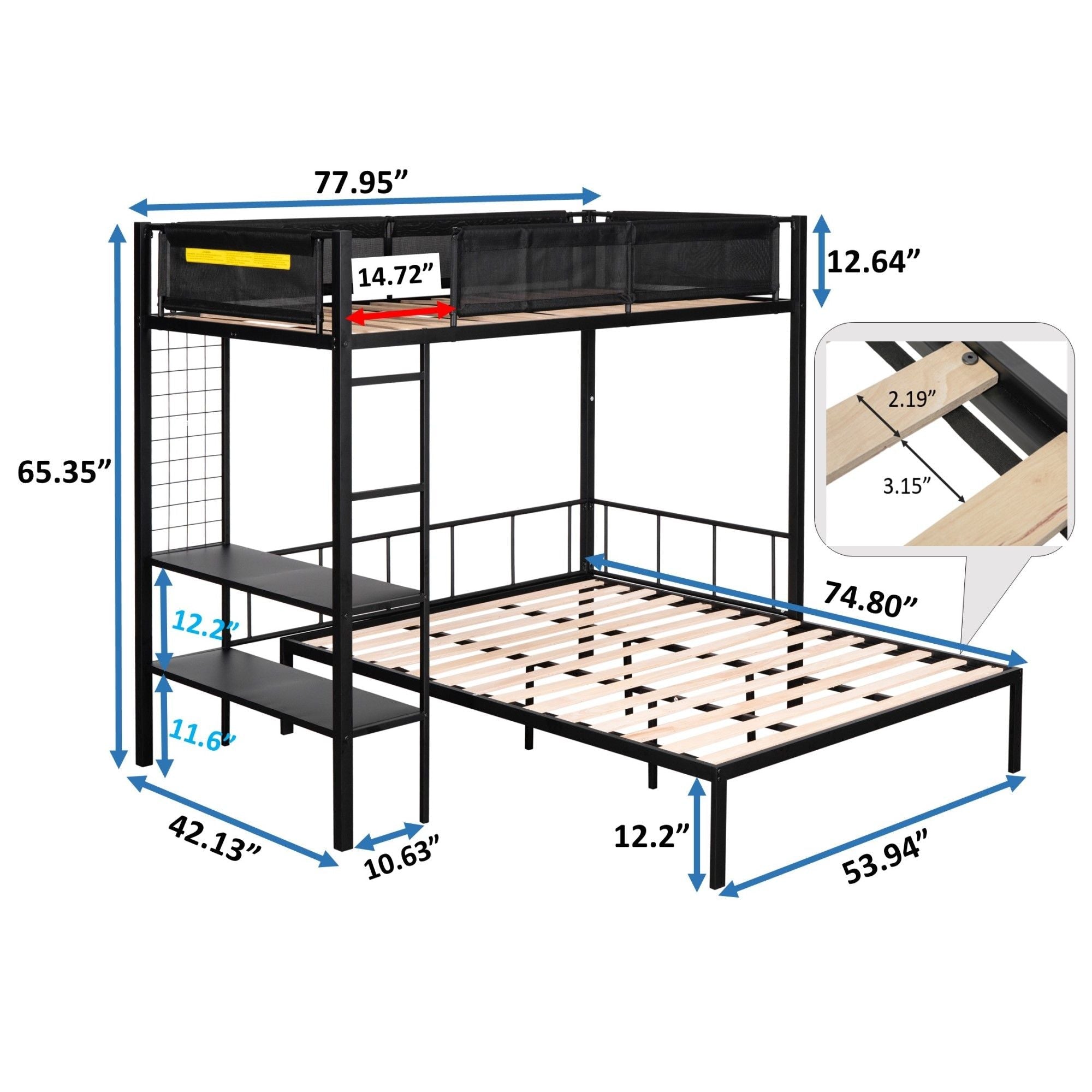 Versatile Twin over Full Metal and Wood Bunk Bed with Shelves, Noise-Free Slats, Black | Just Better Bunk Beds