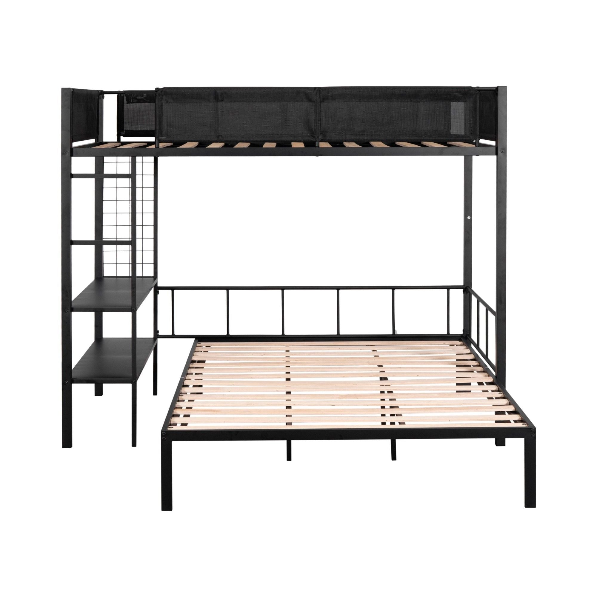 Versatile Twin over Full Metal and Wood Bunk Bed with Shelves, Noise-Free Slats, Black | Just Better Bunk Beds