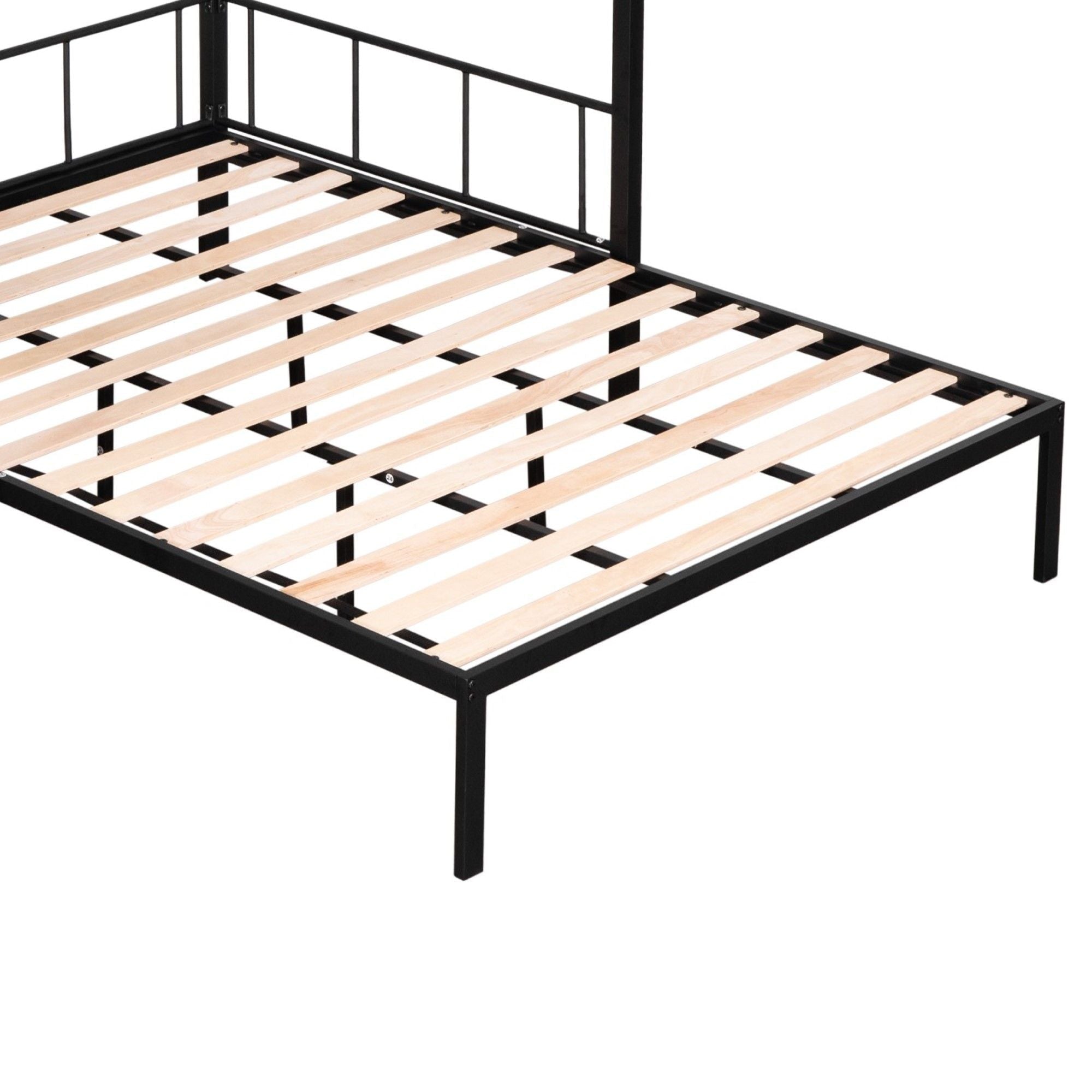 Versatile Twin over Full Metal and Wood Bunk Bed with Shelves, Noise-Free Slats, Black | Just Better Bunk Beds