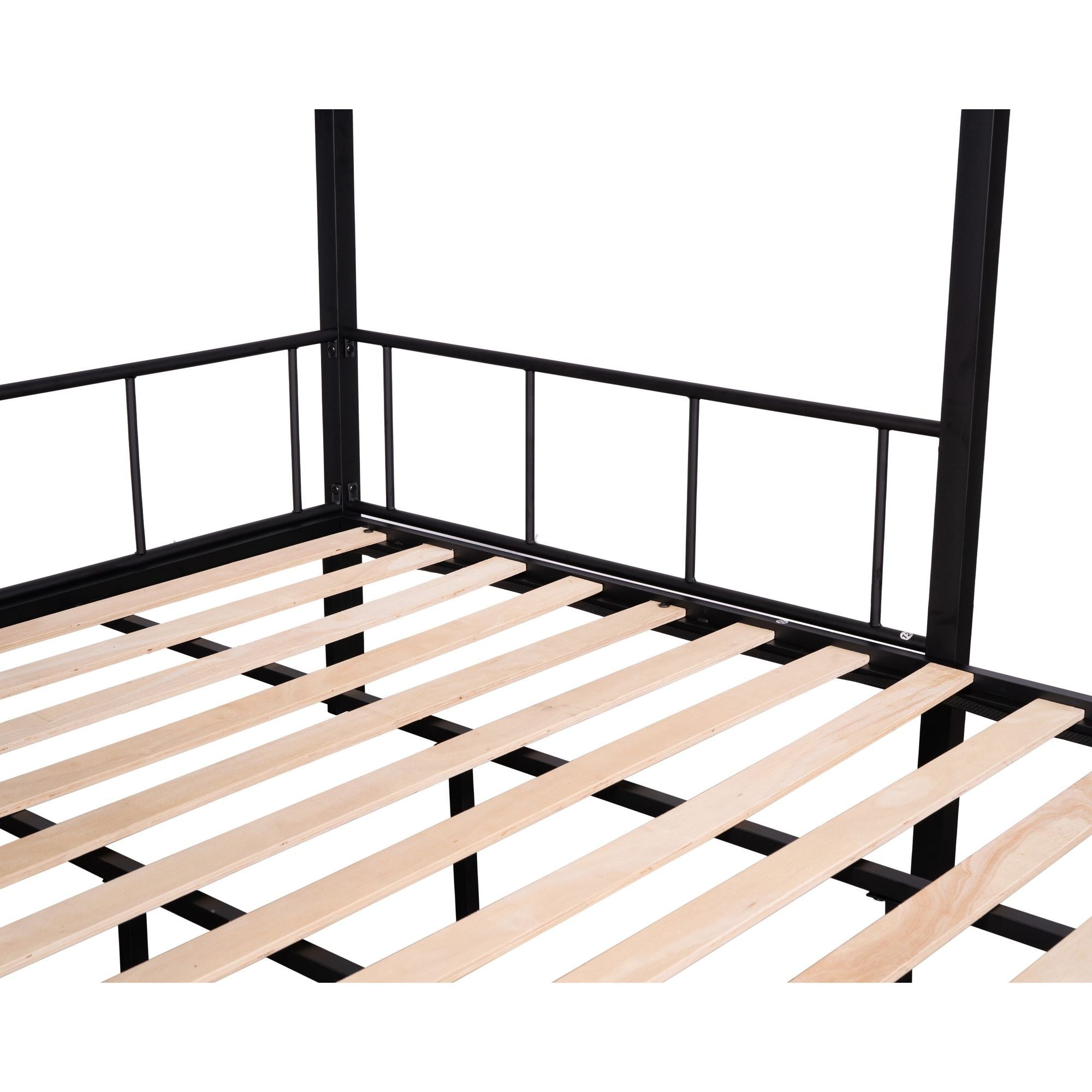 Versatile Twin over Full Metal and Wood Bunk Bed with Shelves, Noise-Free Slats, Black | Just Better Bunk Beds