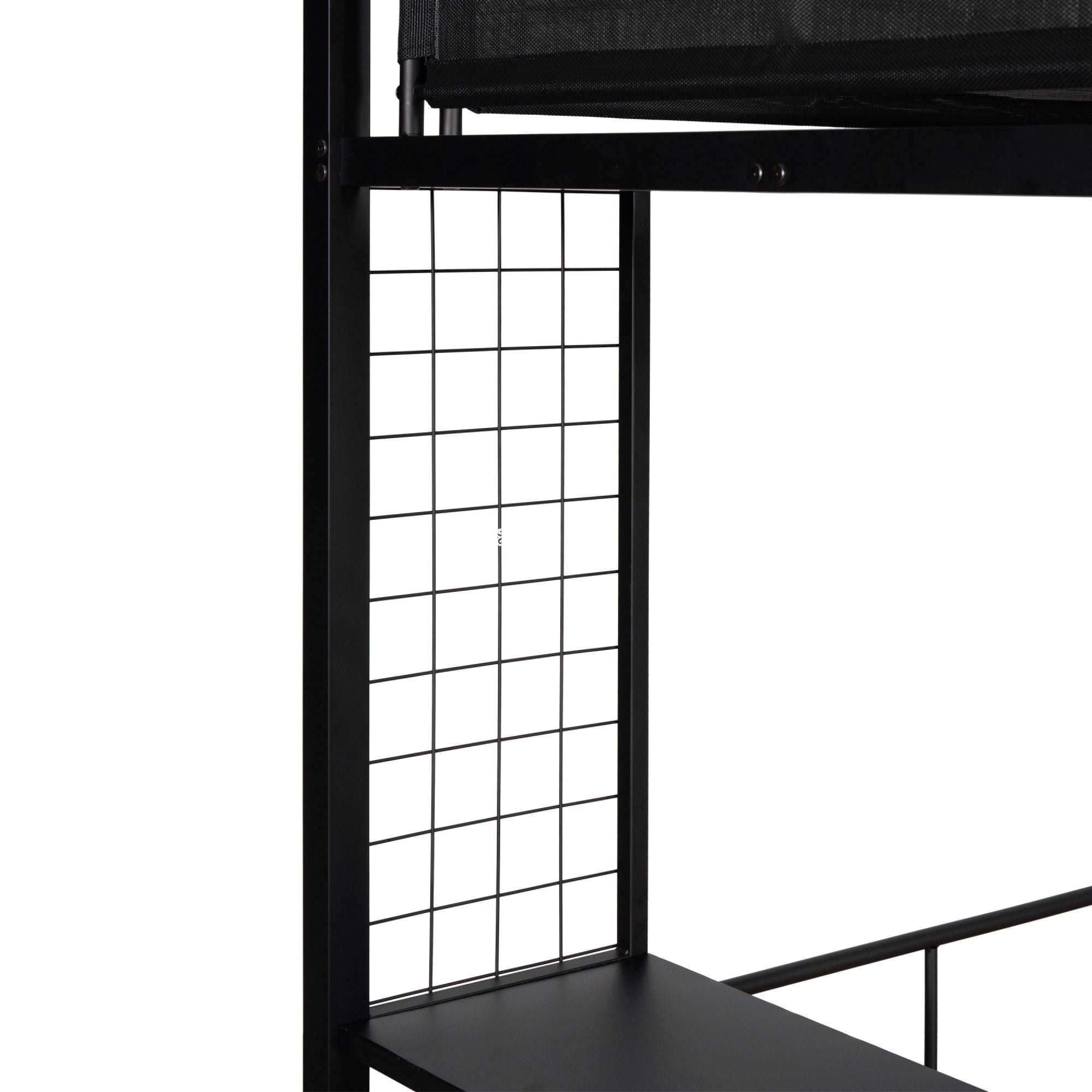 Versatile Twin over Full Metal and Wood Bunk Bed with Shelves, Noise-Free Slats, Black | Just Better Bunk Beds