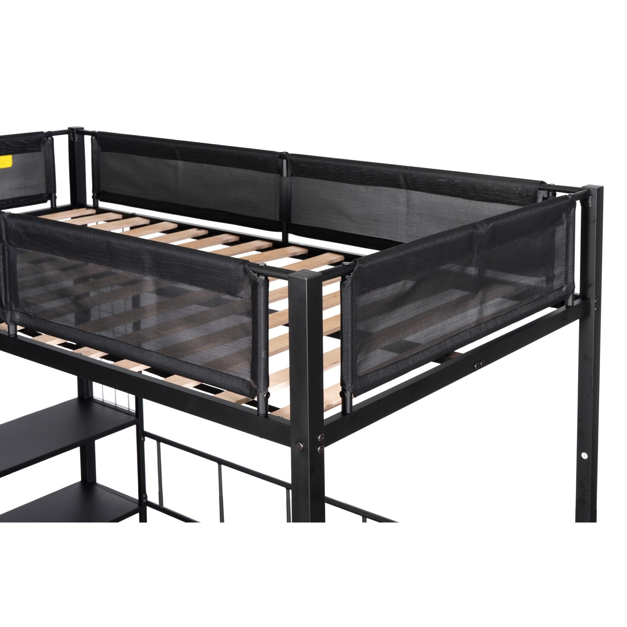 Versatile Twin over Full Metal and Wood Bunk Bed with Shelves, Noise-Free Slats, Black | Just Better Bunk Beds