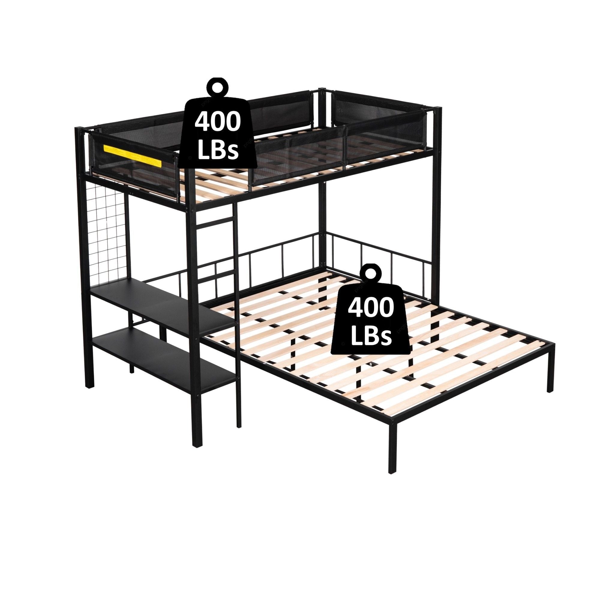 Versatile Twin over Full Metal and Wood Bunk Bed with Shelves, Noise-Free Slats, Black | Just Better Bunk Beds