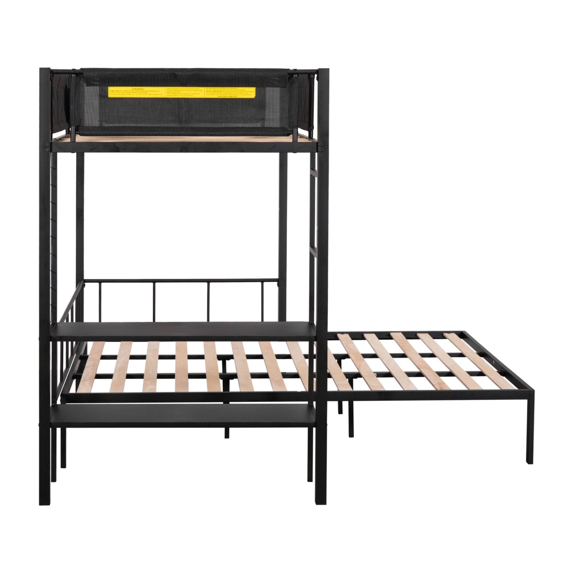 Versatile Twin over Full Metal and Wood Bunk Bed with Shelves, Noise-Free Slats, Black | Just Better Bunk Beds