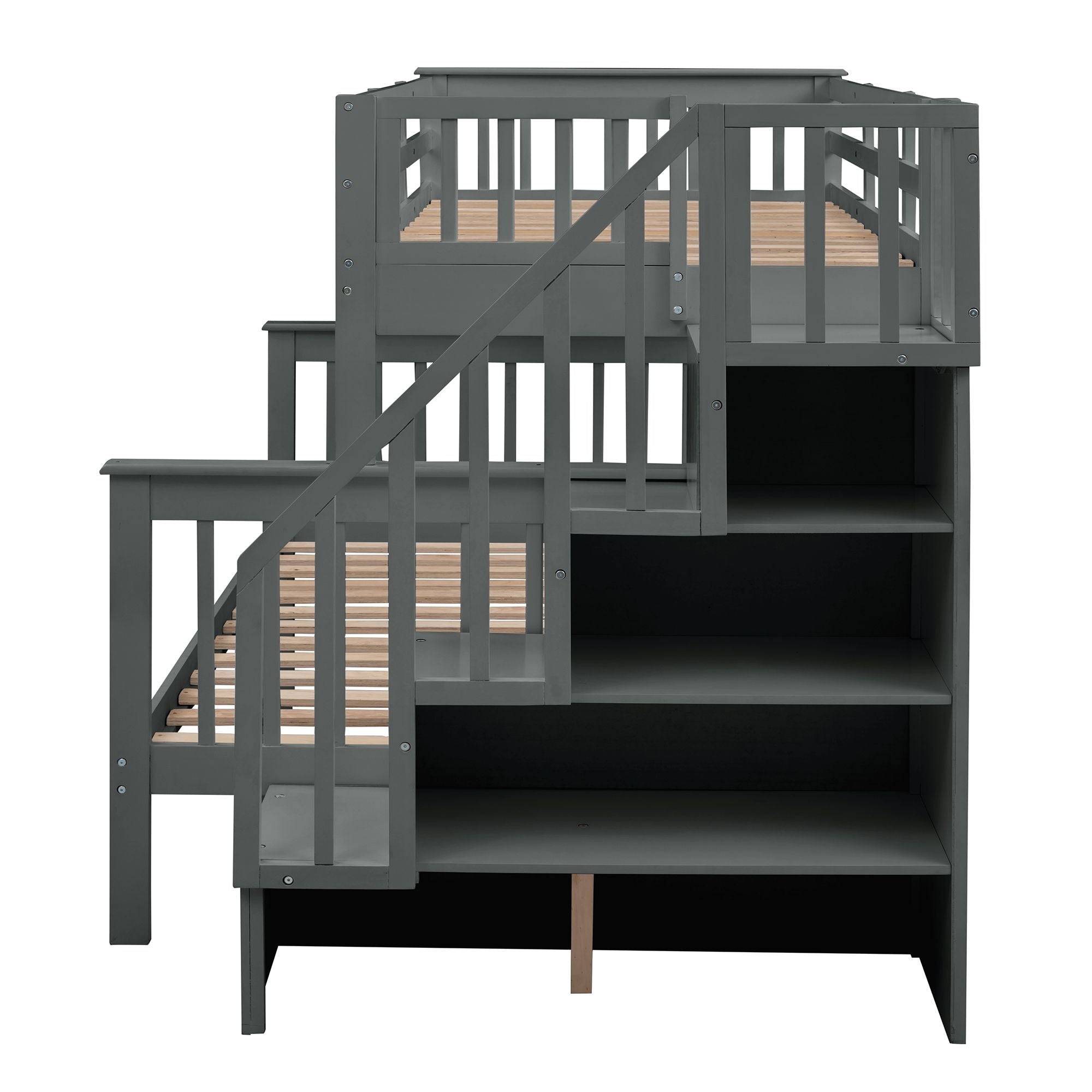 Versatile Twin Over Full Wood Bunk Bed with Staircase Storage, Trundle, and Guard Rail in Gray | Just Better Bunk Beds