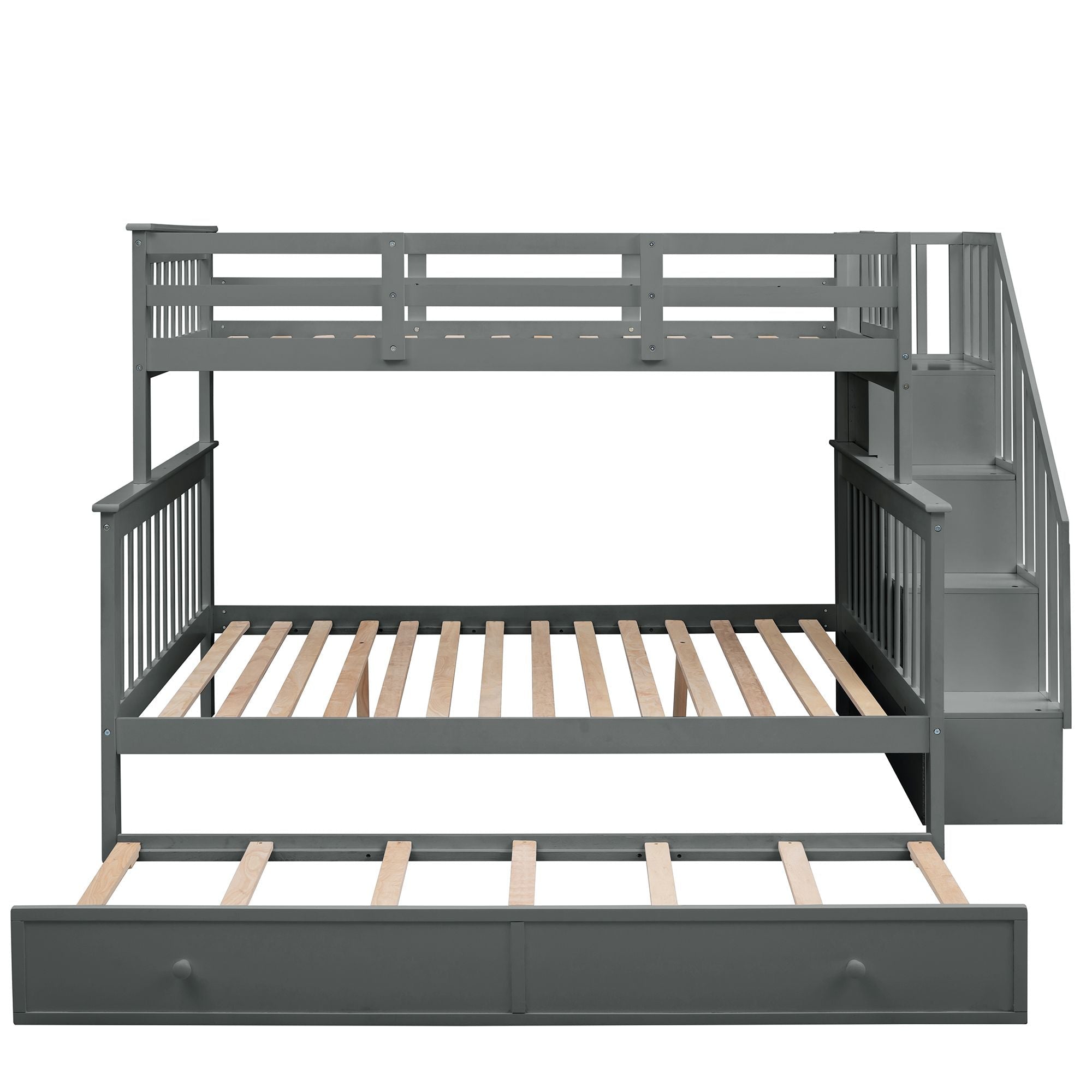 Versatile Twin Over Full Wood Bunk Bed with Staircase Storage, Trundle, and Guard Rail in Gray | Just Better Bunk Beds