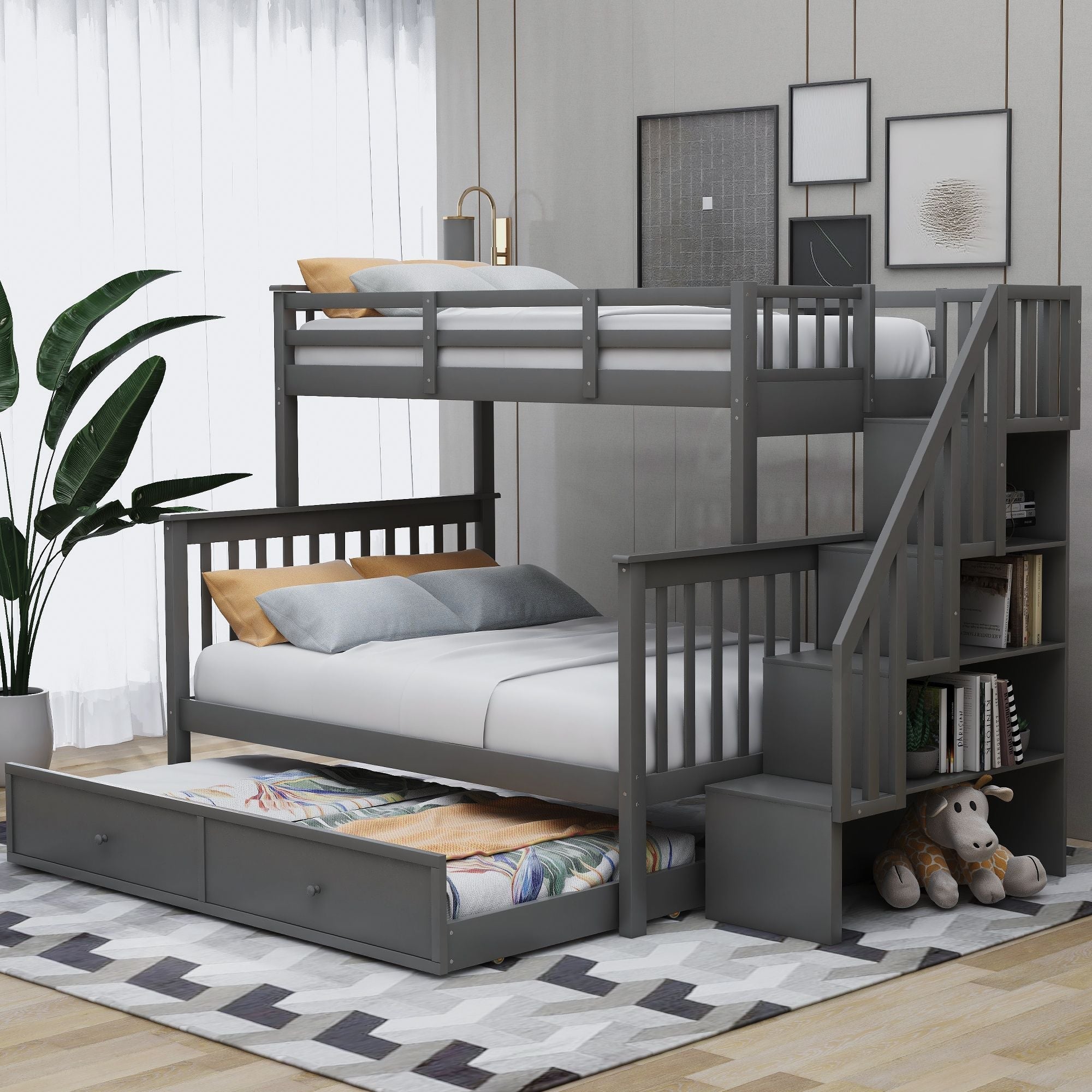Versatile Twin Over Full Wood Bunk Bed with Staircase Storage, Trundle, and Guard Rail in Gray | Just Better Bunk Beds
