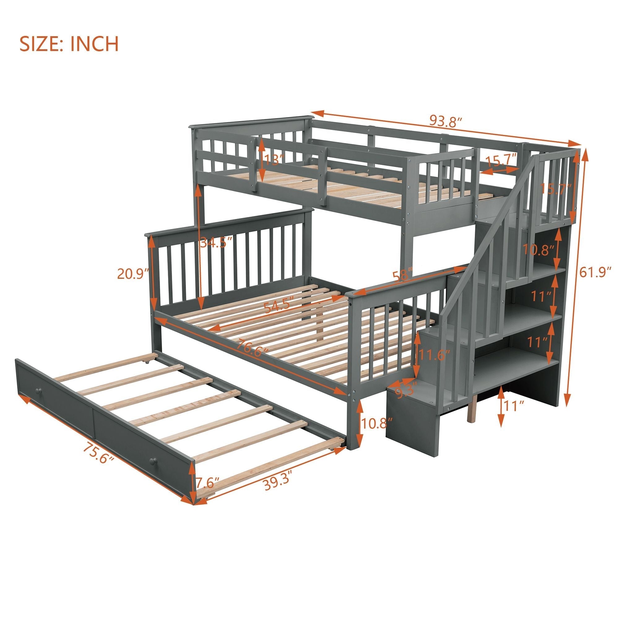 Versatile Twin Over Full Wood Bunk Bed with Staircase Storage, Trundle, and Guard Rail in Gray | Just Better Bunk Beds