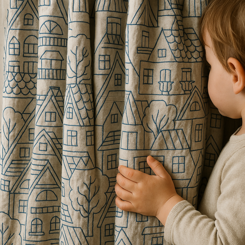 Embroidered Linen Curtains with Village House Pattern – 5 Colours – Blackout or Light Filtering Lined – Custom Sizes – Rod or Track Compatible-0