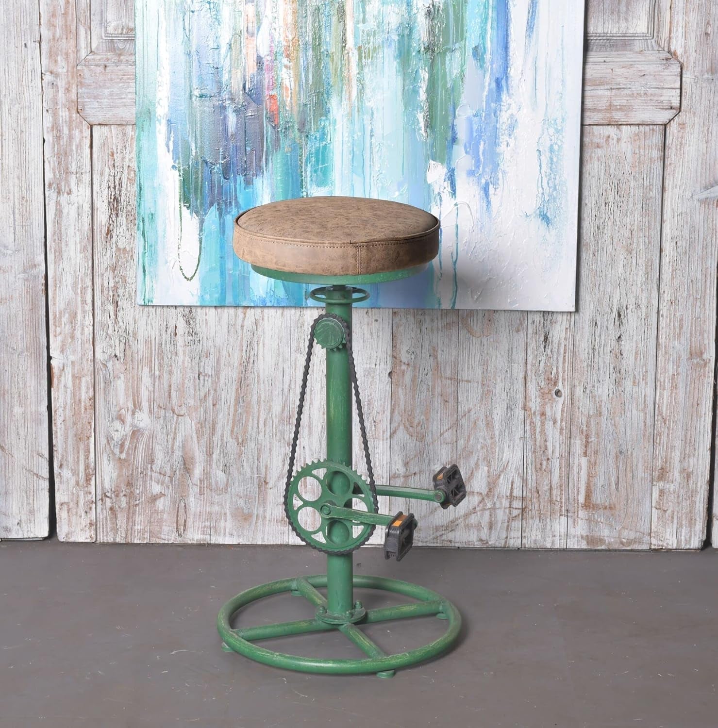 Antique Green Height Adjustable Bar Stool Set Of 2 With Bicycle Wheel Design