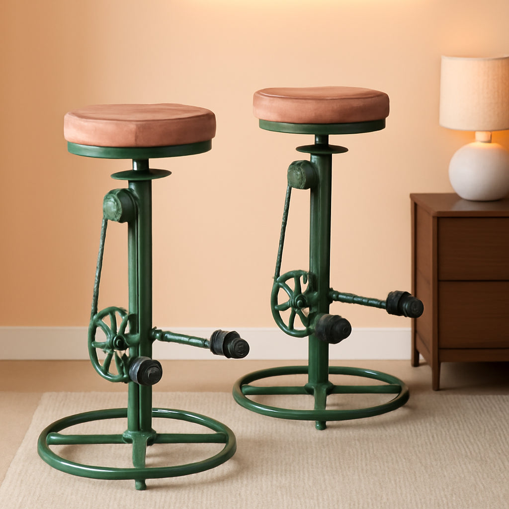 Antique Green Height Adjustable Bar Stool Set Of 2 With Bicycle Wheel Design