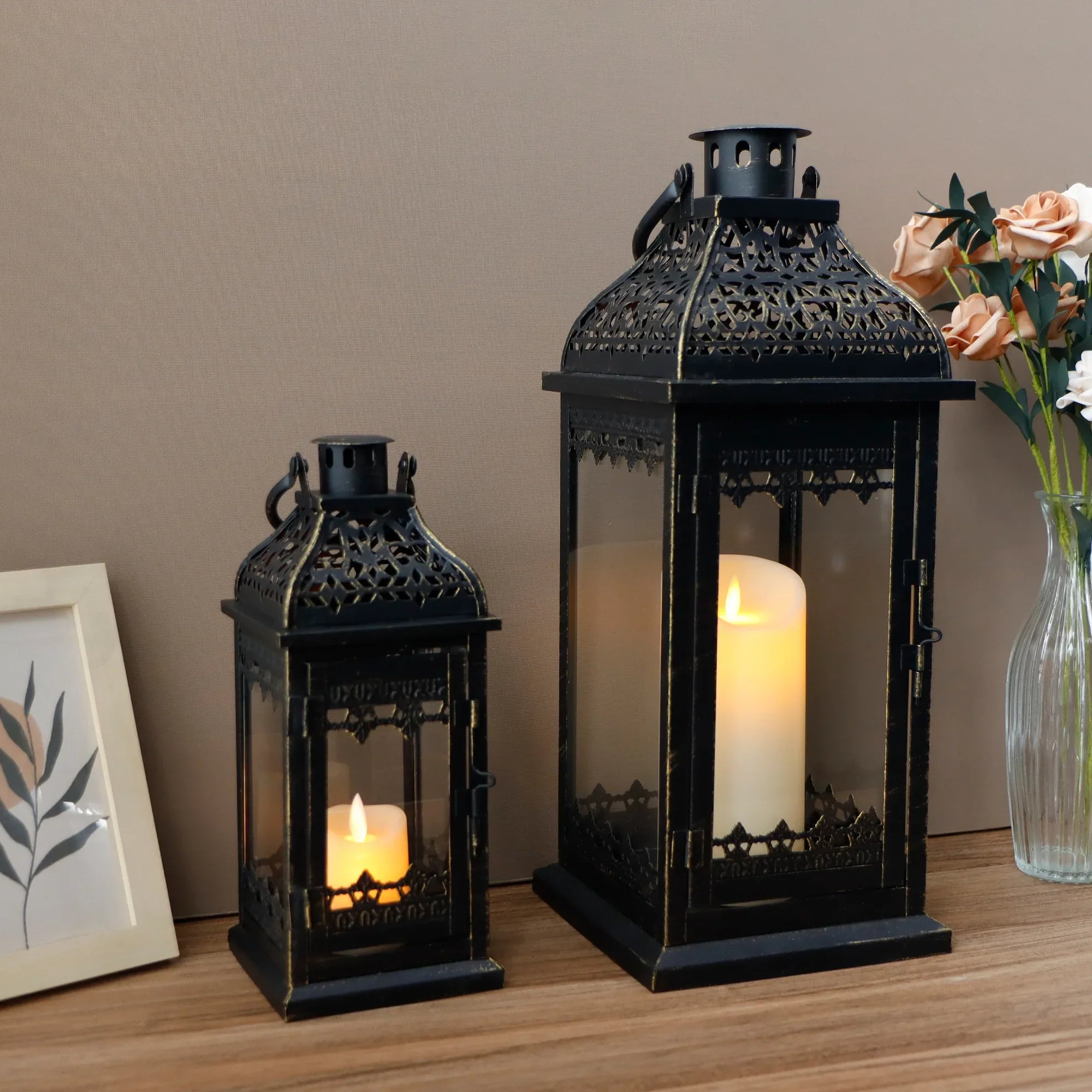 Set of 2 13''&19.5''H Candle Lanterns (Black Gold Brush)-3