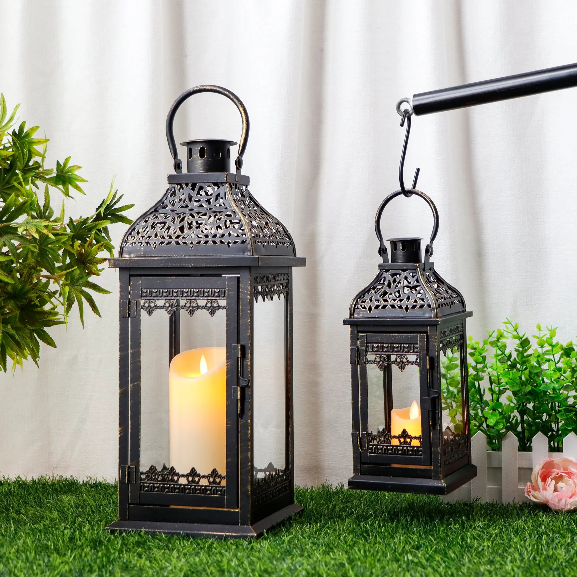 Set of 2 13''&19.5''H Candle Lanterns (Black Gold Brush)-2